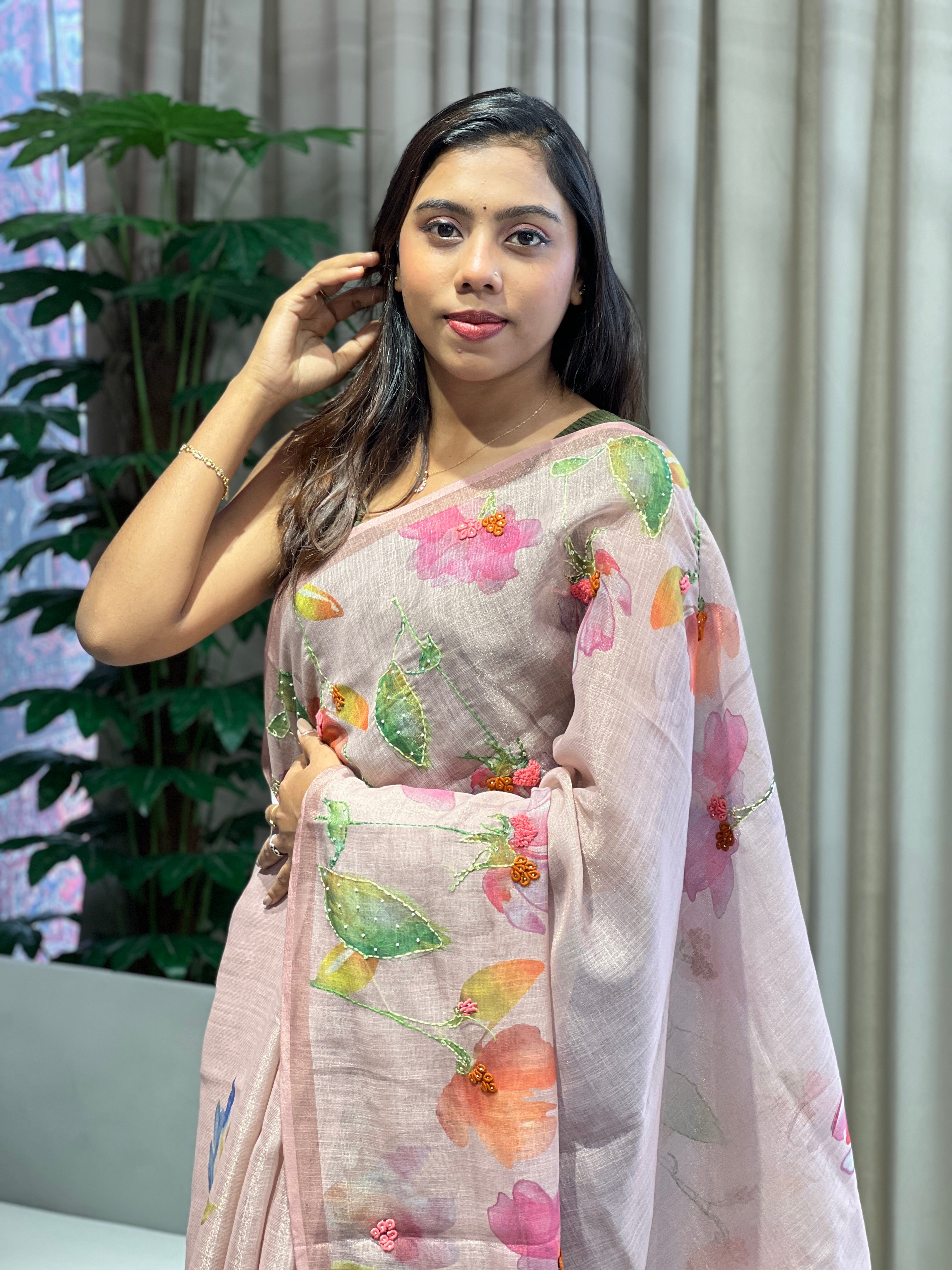 Floral Digital Printed Tissue Linen Saree | BLD1894