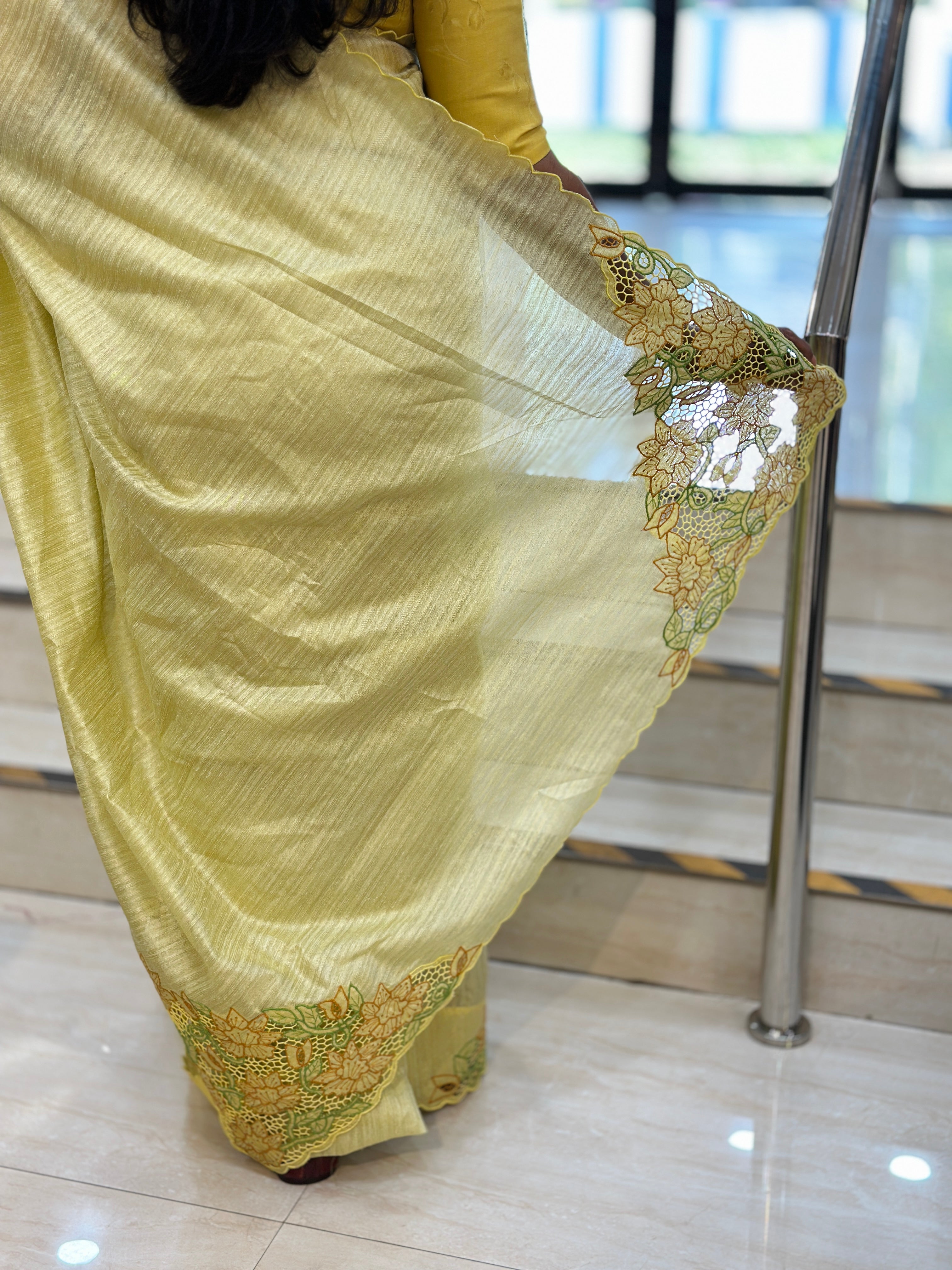 Twine Cutwork Placement Detailed Green Silk Saree | TC473