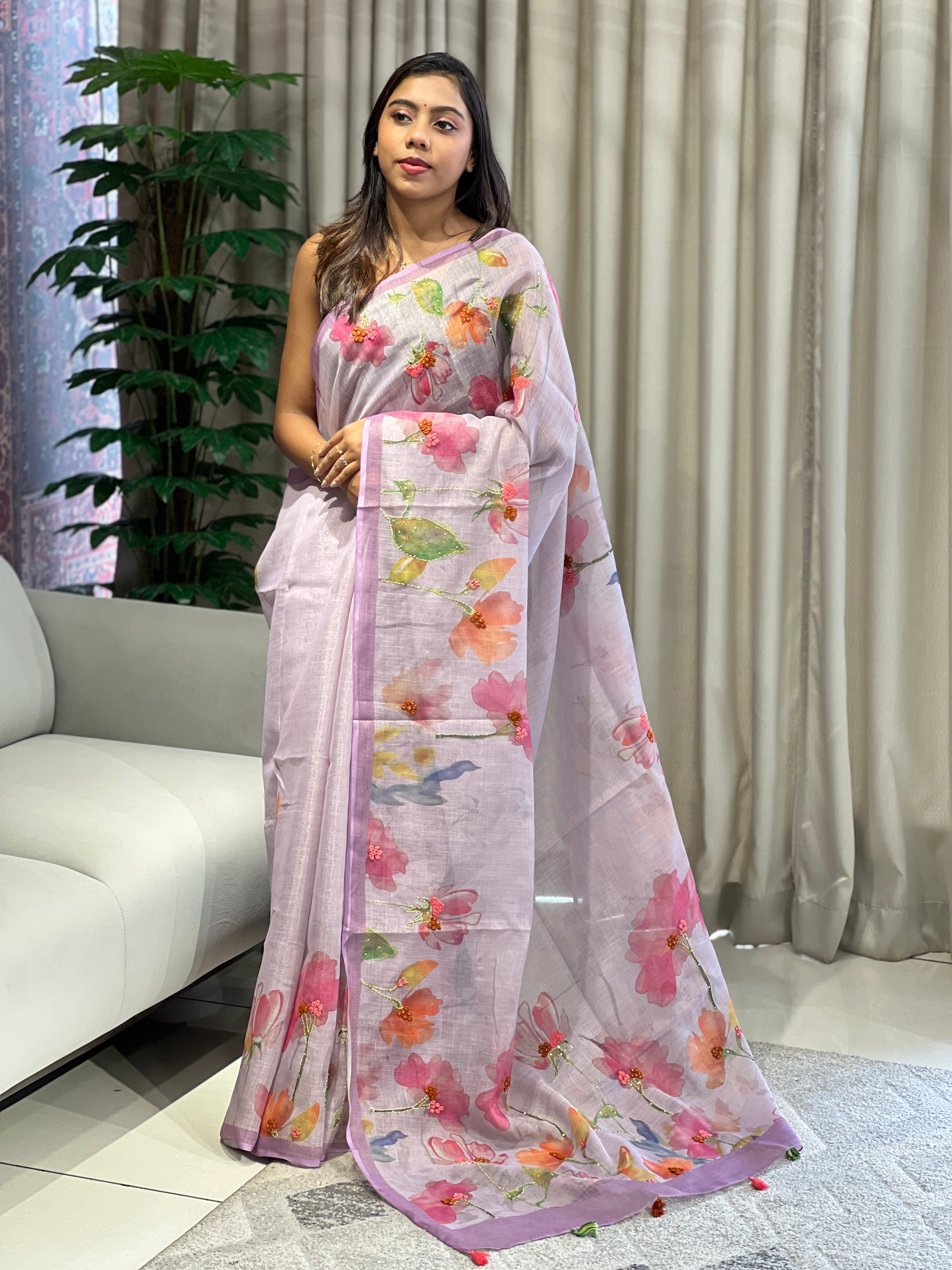 Floral Digital Printed Tissue Linen Saree | BLD1896