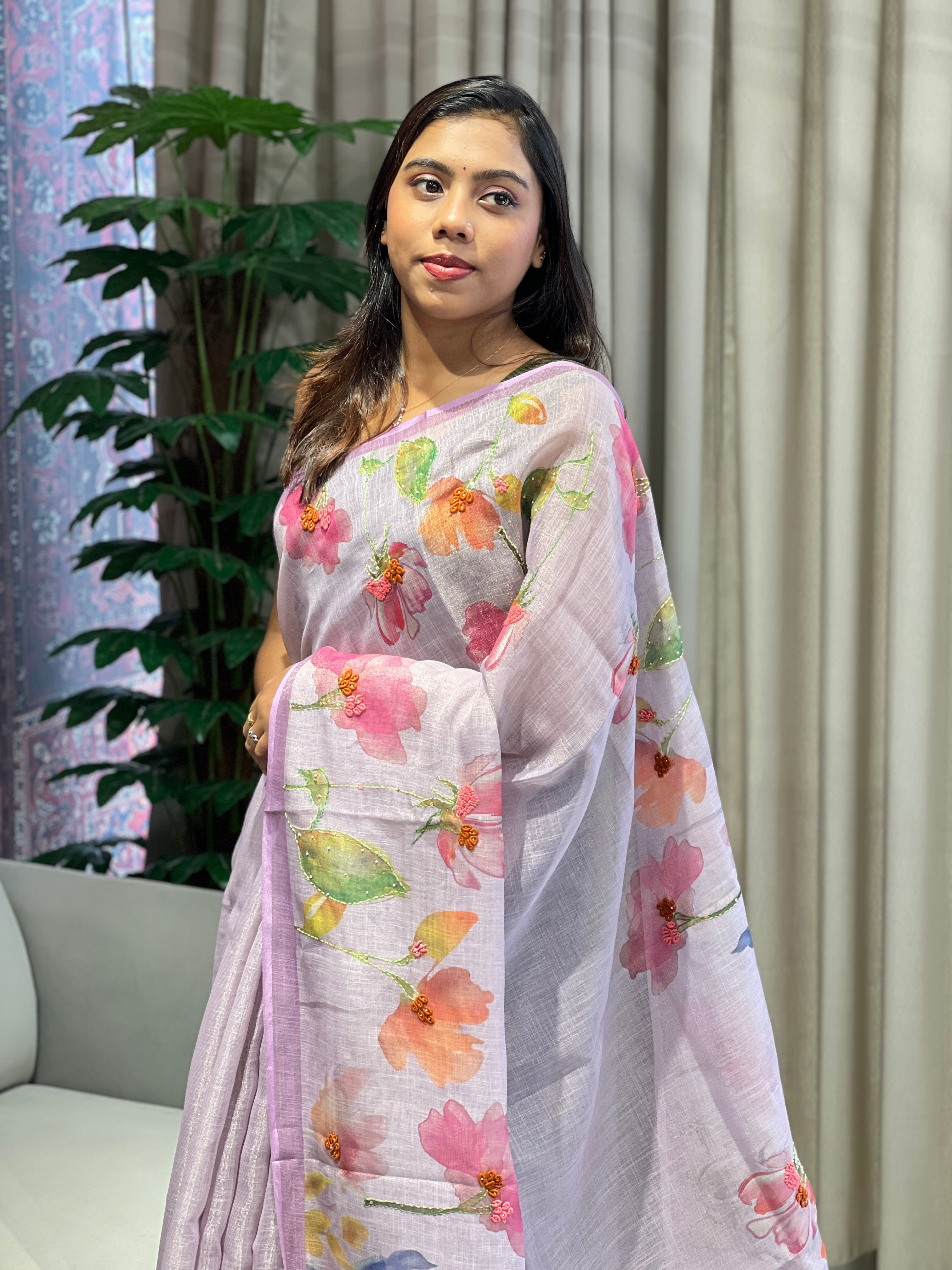 Floral Digital Printed Tissue Linen Saree | BLD1896