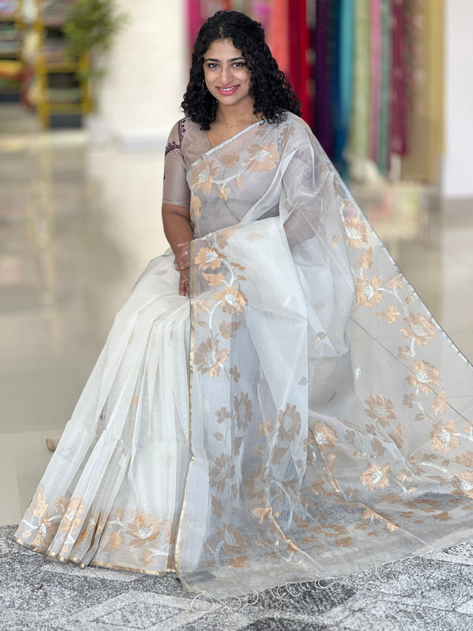 Jamdani Weaved Kora Tussar Saree | RGD272