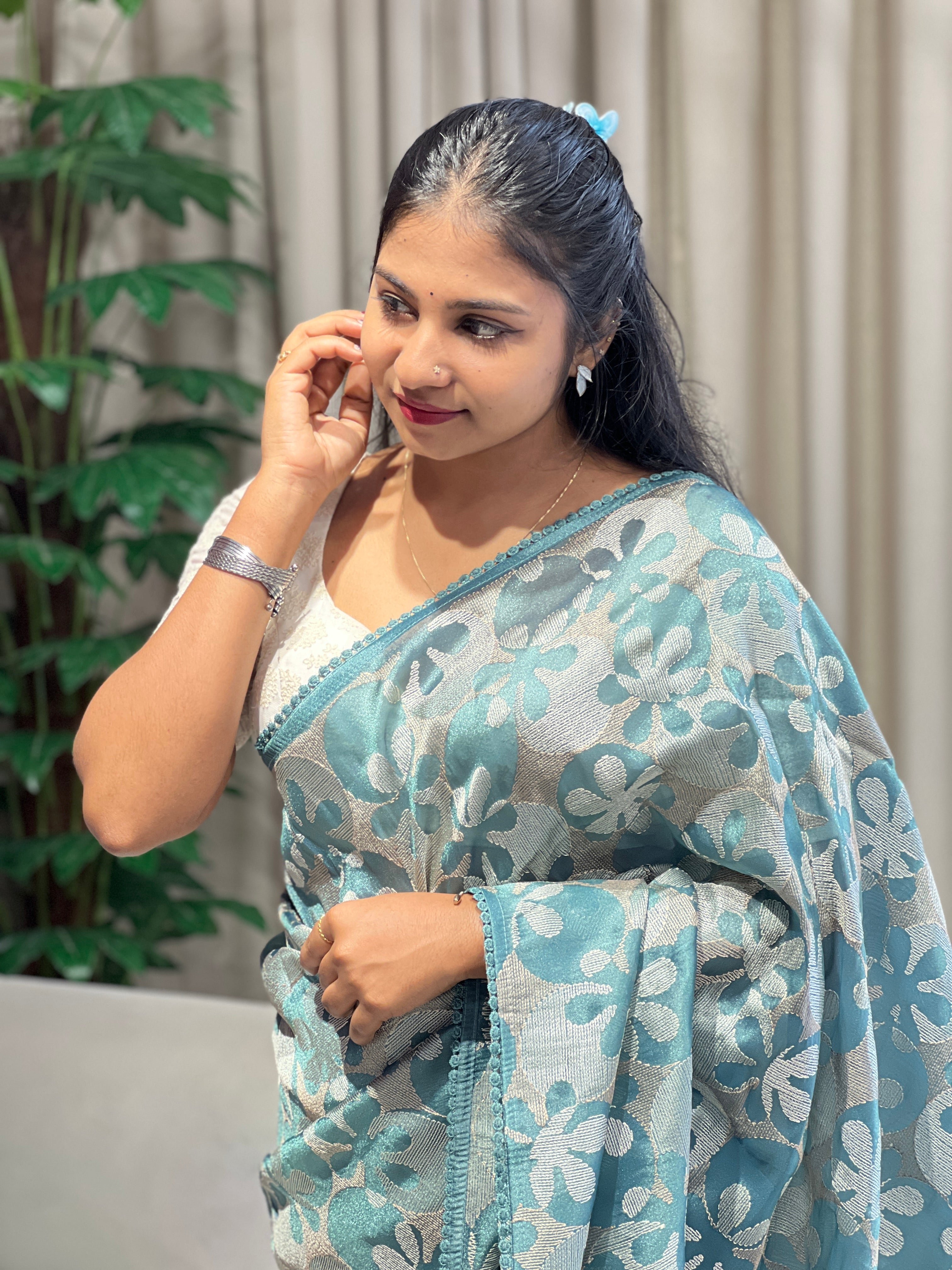 Floral Embroidery Detailed Shimmer Organza Saree | BLD1890