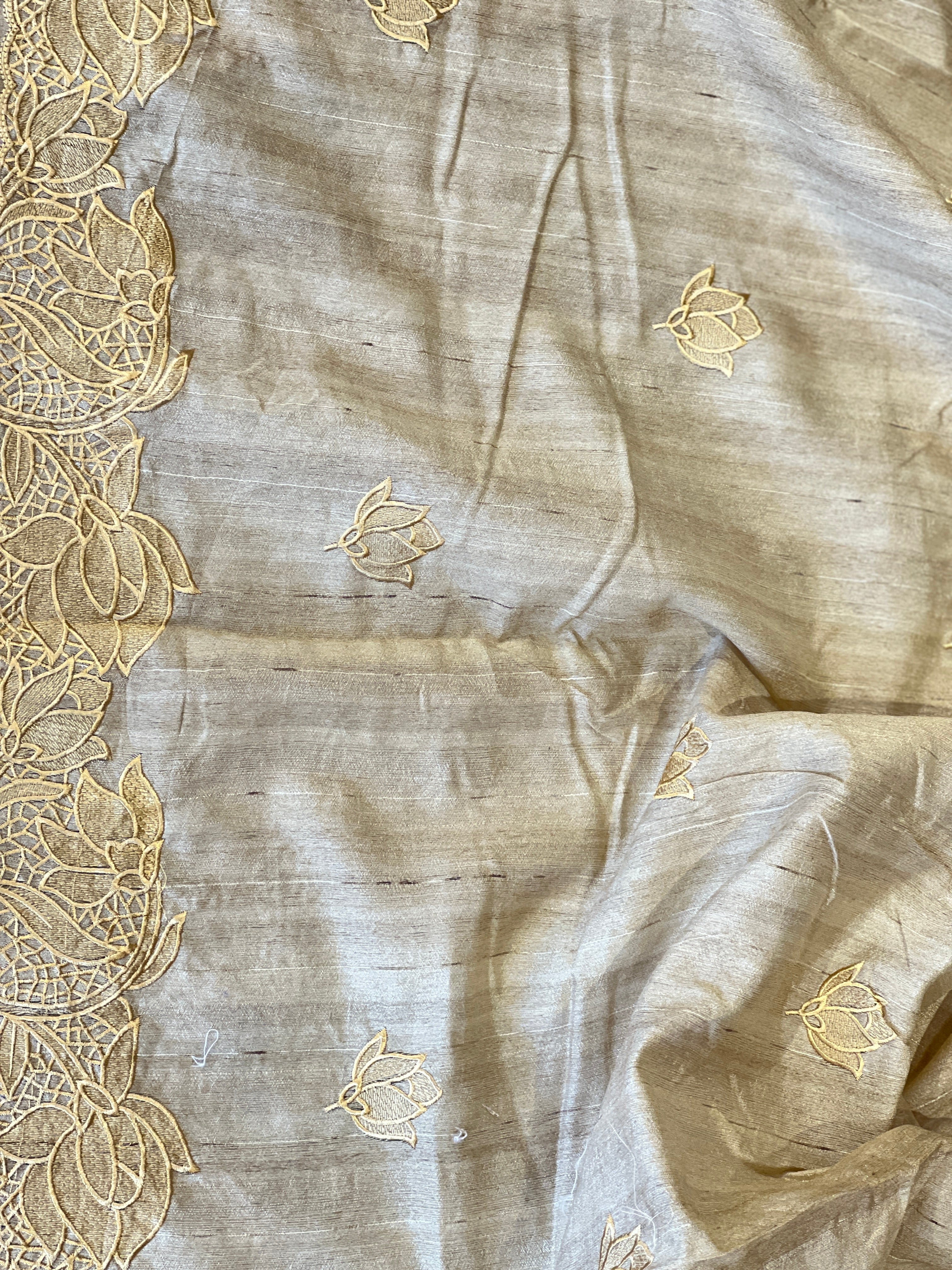 Cut Work With Floral Embroidered Semi Tussar Saree | SUN364