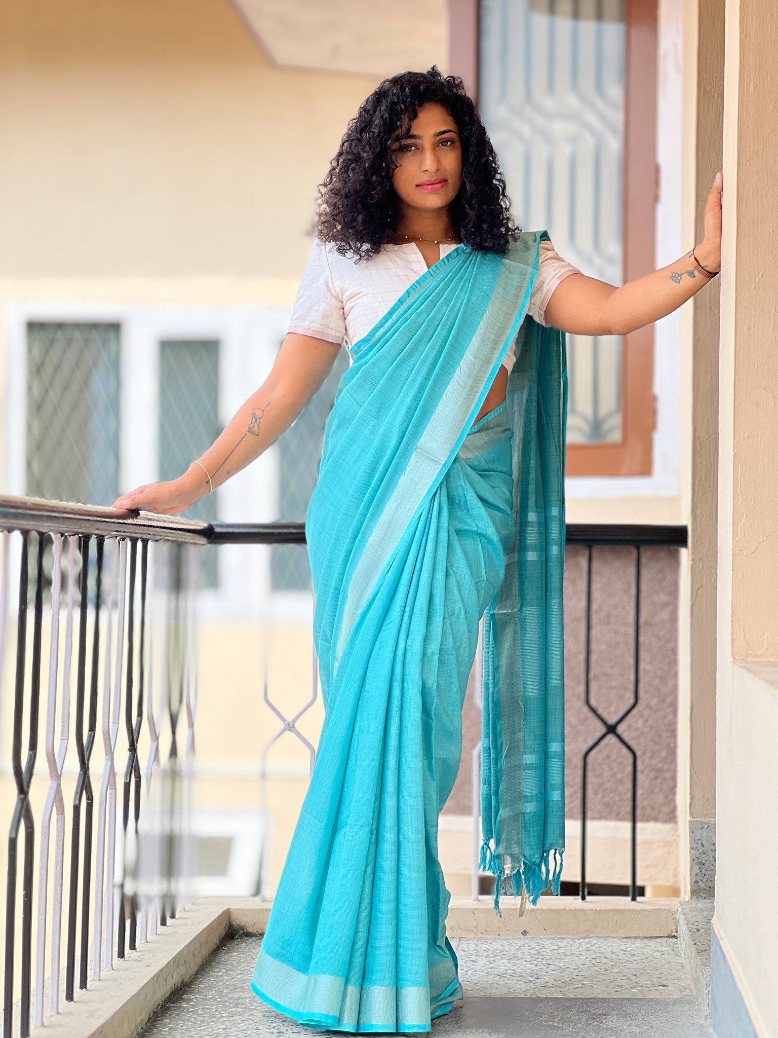 Buy online Sky Blue color Pure Linen Saree