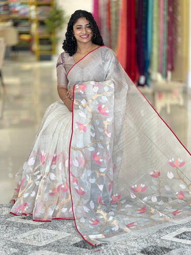 Jamdani Weaved Kora Tussar Saree | RGD276