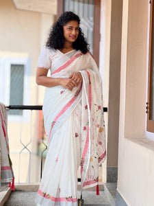 Scattered Embroidery Pattern Linen Saree | RP398