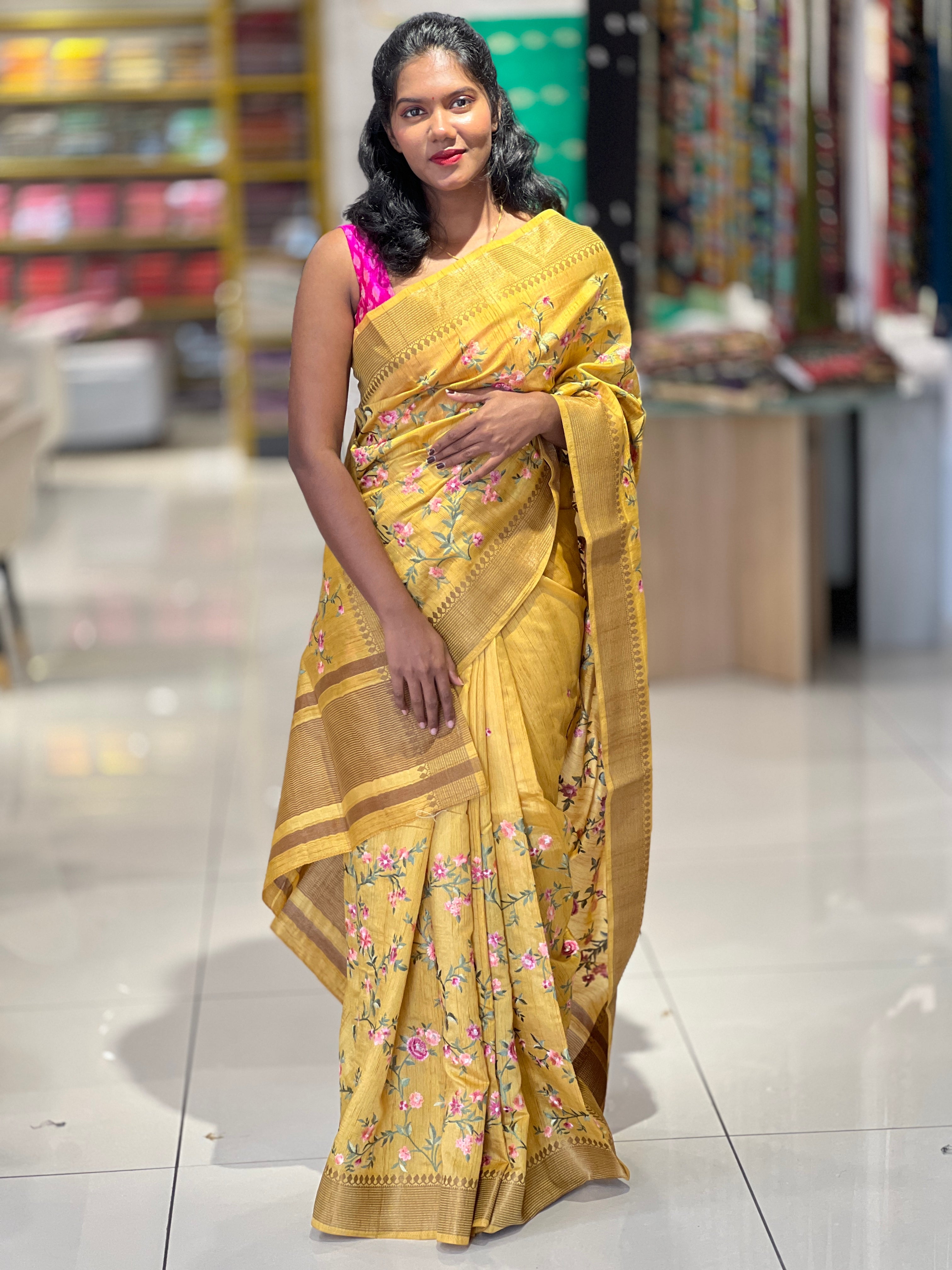 Floral Embroidery With Zari Border Detailed Semi Tussar Saree | SUN348