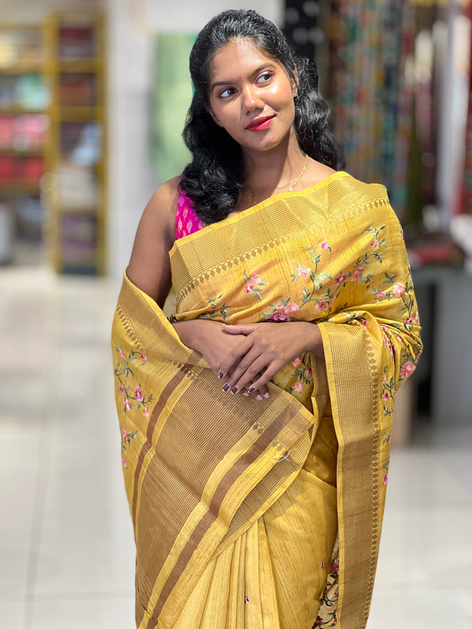Floral Embroidery With Zari Border Detailed Semi Tussar Saree | SUN348
