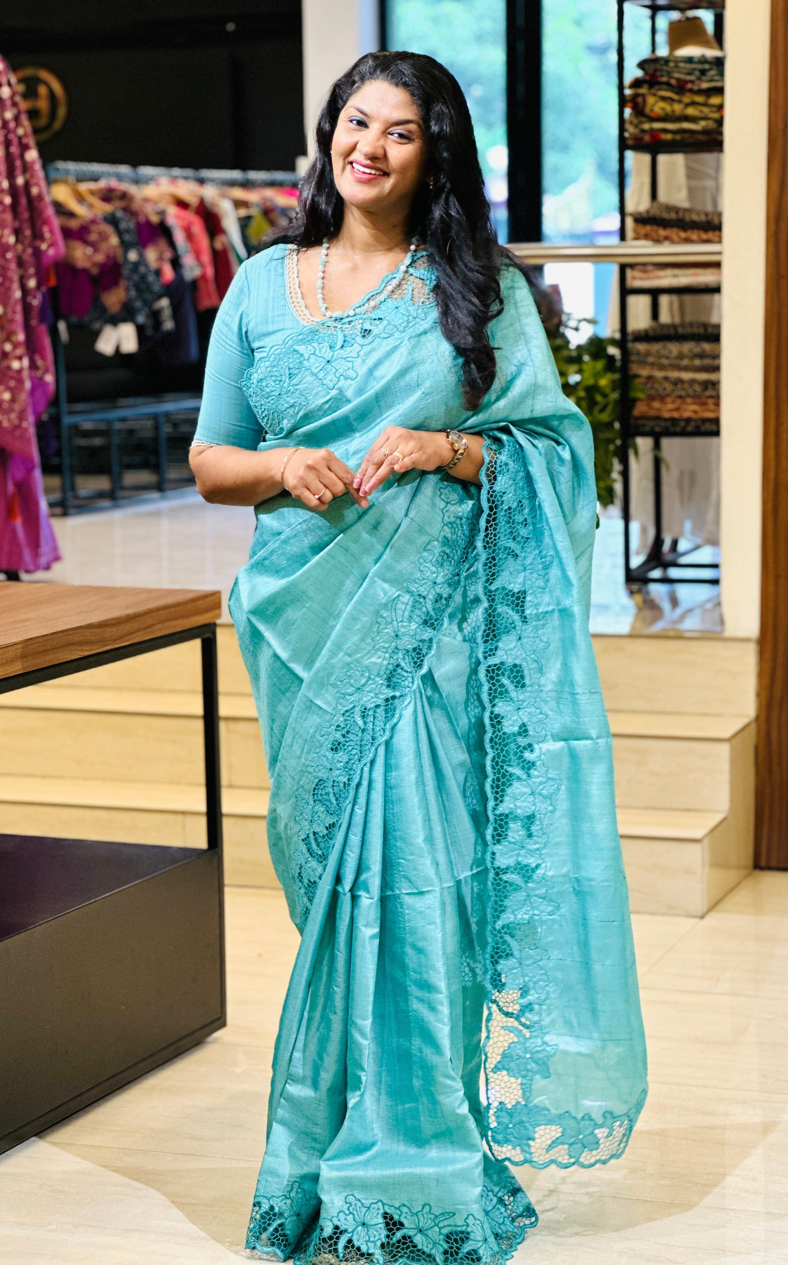 Twine Cut Work With Floral Embroidered Tussar Silk Saree | TC410