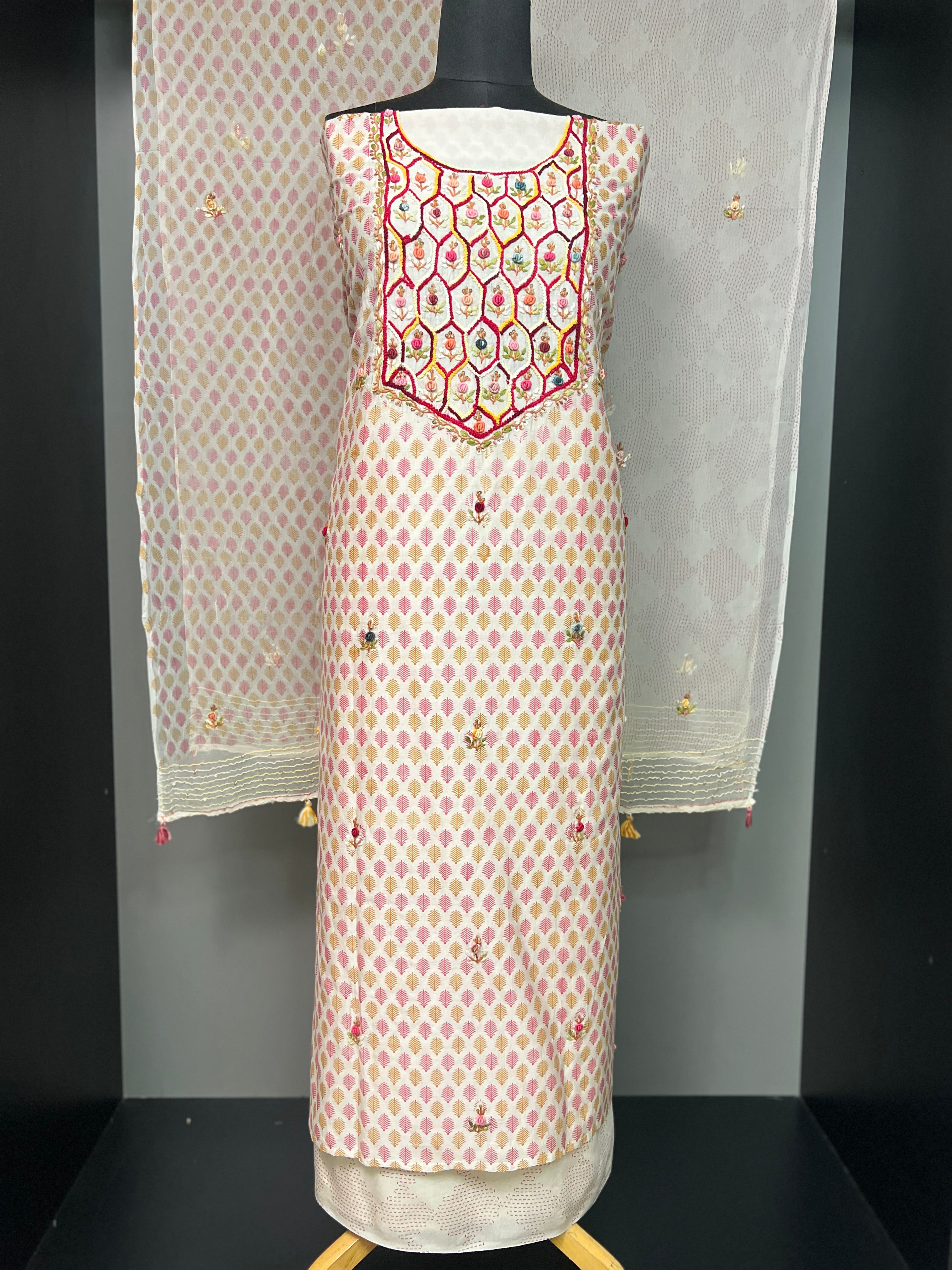 Hand Embroidery With Block Printed Chinon Salwar Set | JVR108