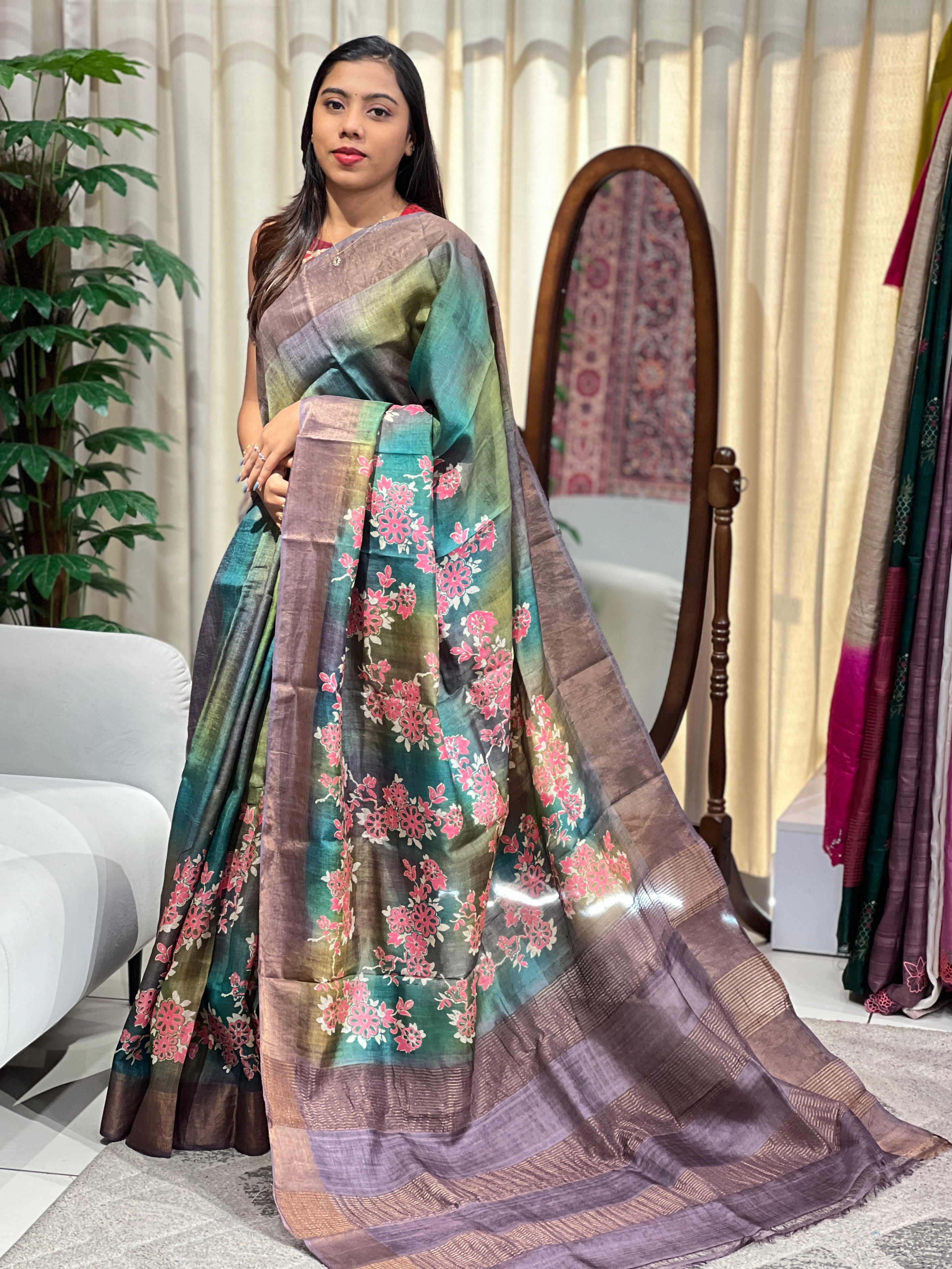 Floral Printed Pure Desi Tussar Saree | AYD278