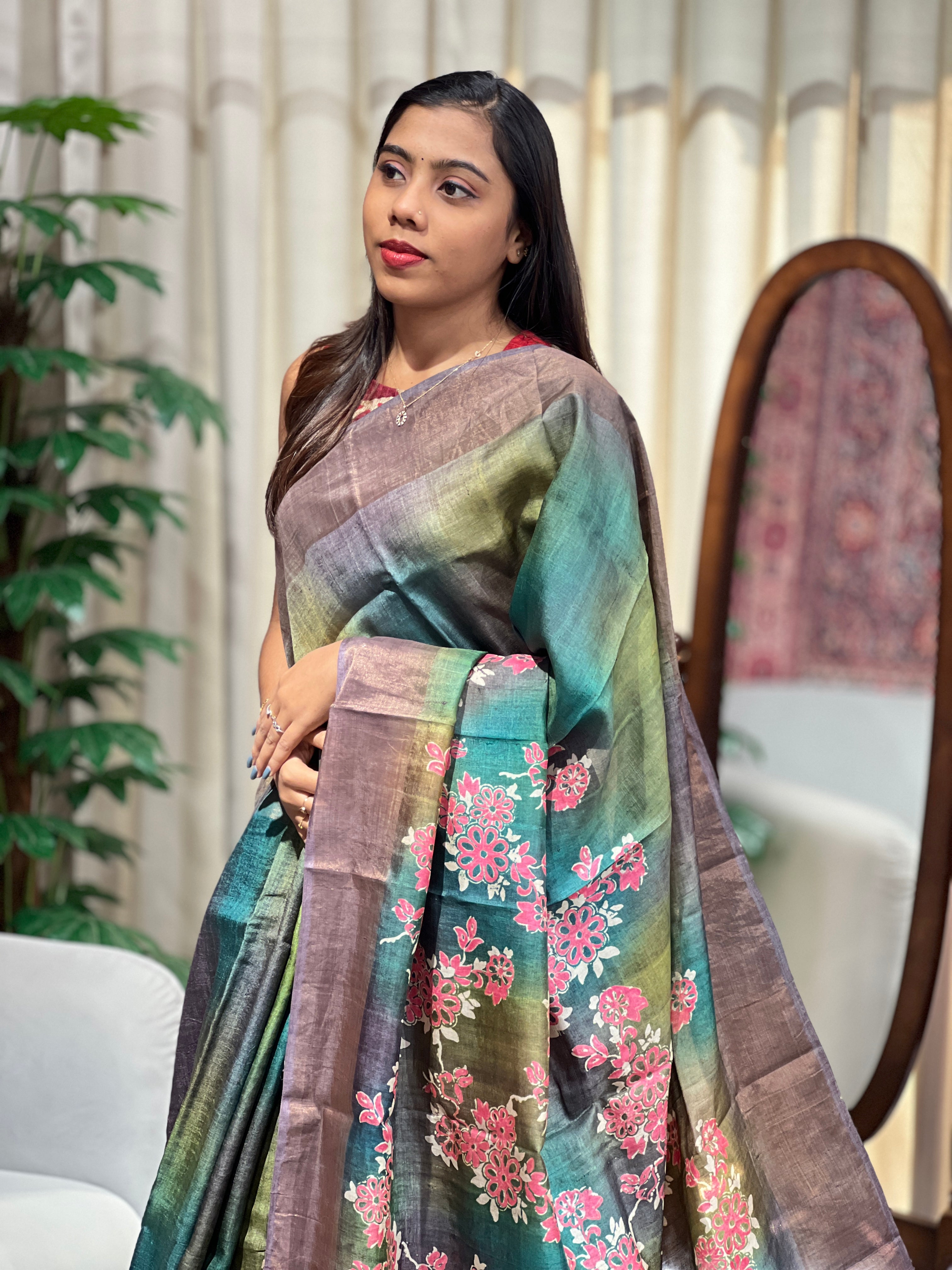 Floral Printed Pure Desi Tussar Saree | AYD278