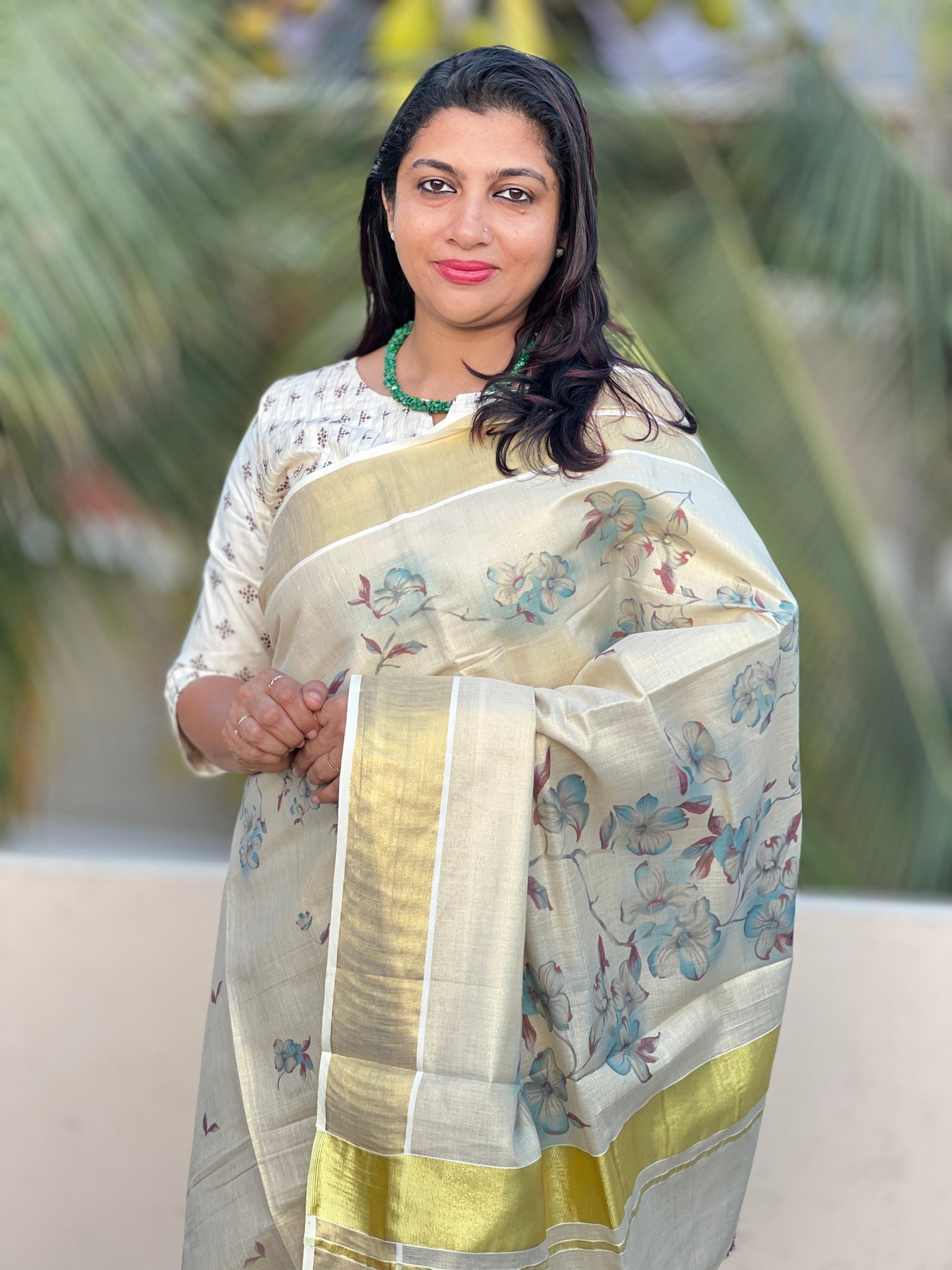 kerala -off-white-semi-tissue-handwoven-and-hand-painted-floral-designed-two-piece- saree-buy-designer-golden-with-green-blouse-handloom-sarees-shop-shanti- ...