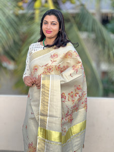 Floral Digital Printed Tissue Kerala Saree | PF950