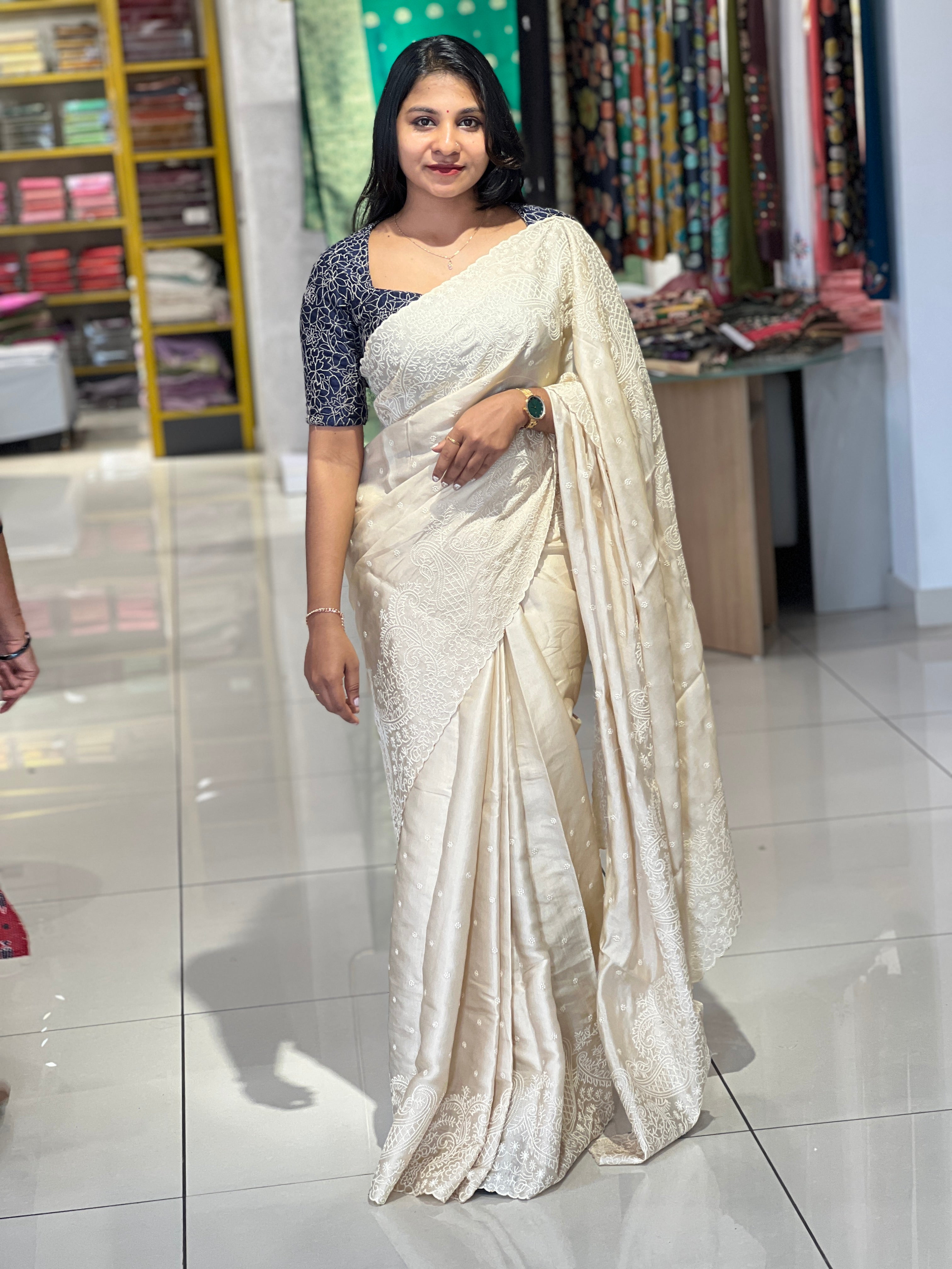 Point Embroidery Paisley Detailed Tussar Finish Saree | SUN330