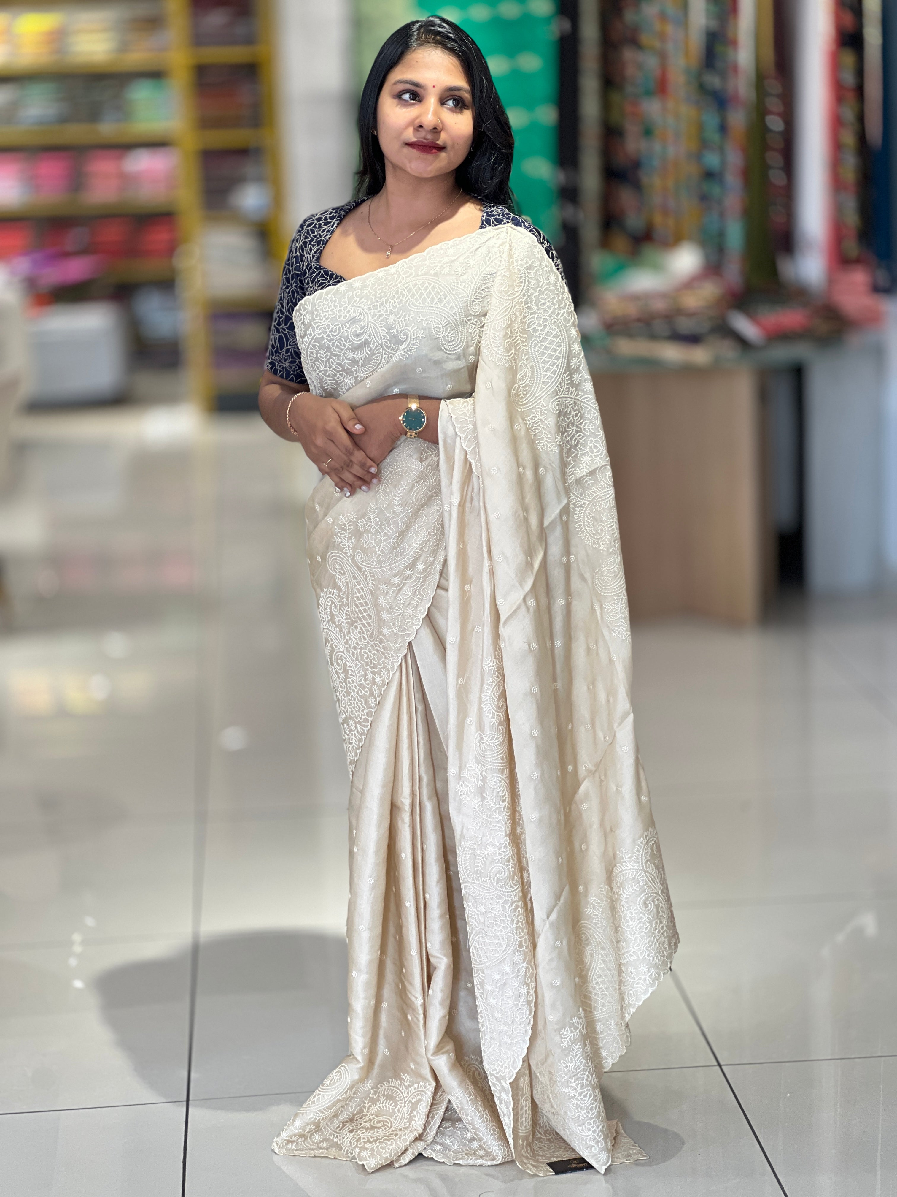 Point Embroidery Paisley Detailed Tussar Finish Saree | SUN330