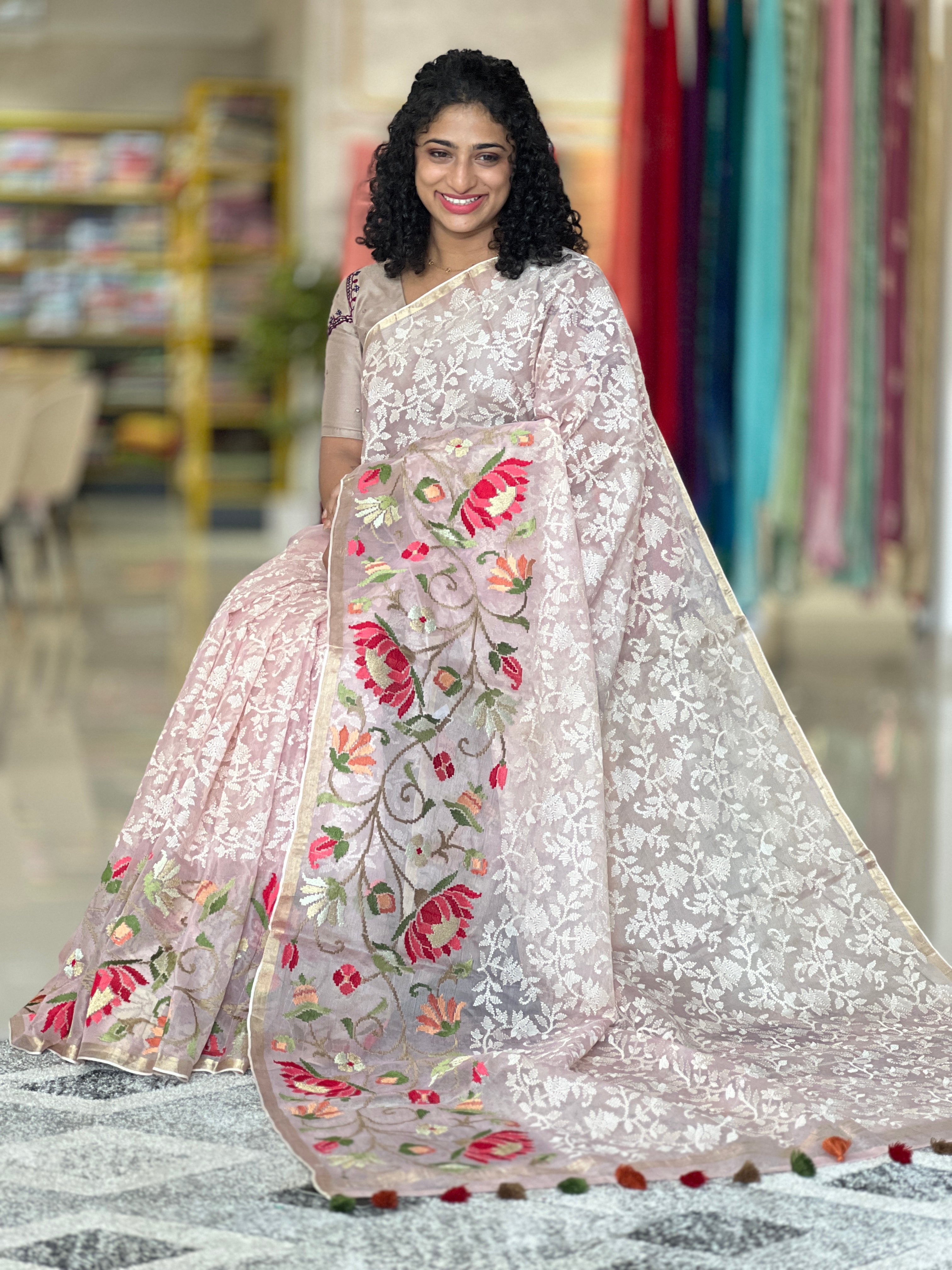 Jamdani Weaving Floral Embroidery Kora Organza Saree | RGD284