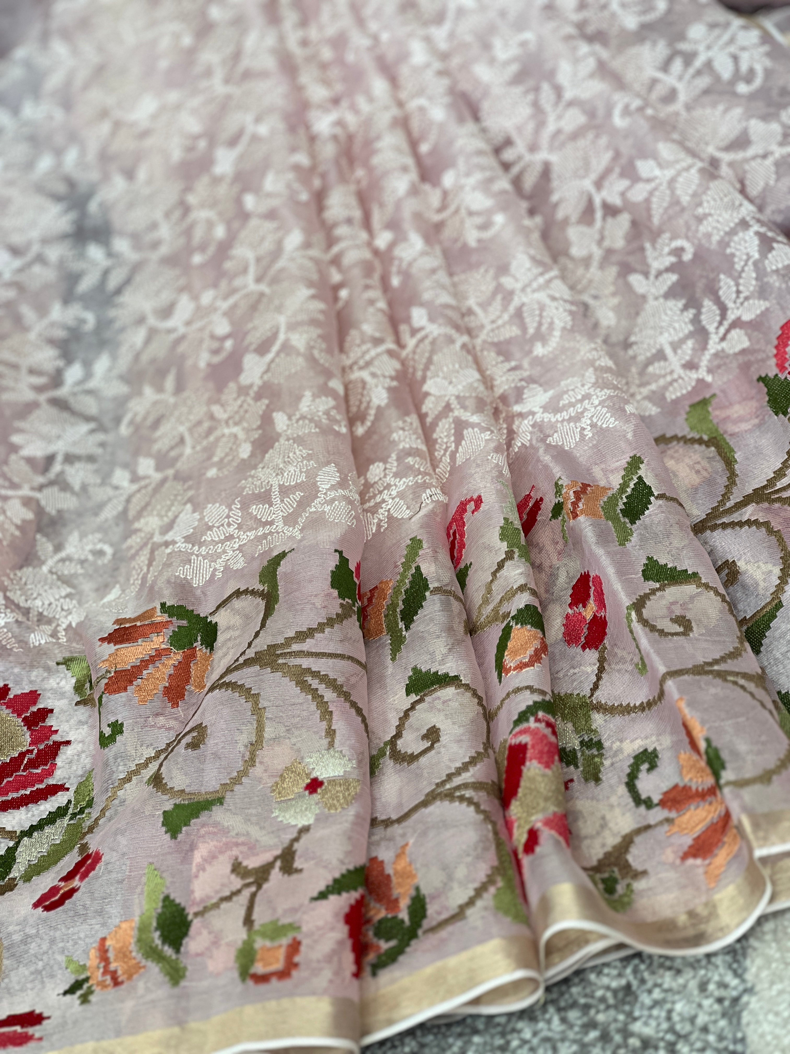 Jamdani Weaving Floral Embroidery Kora Organza Saree | RGD284