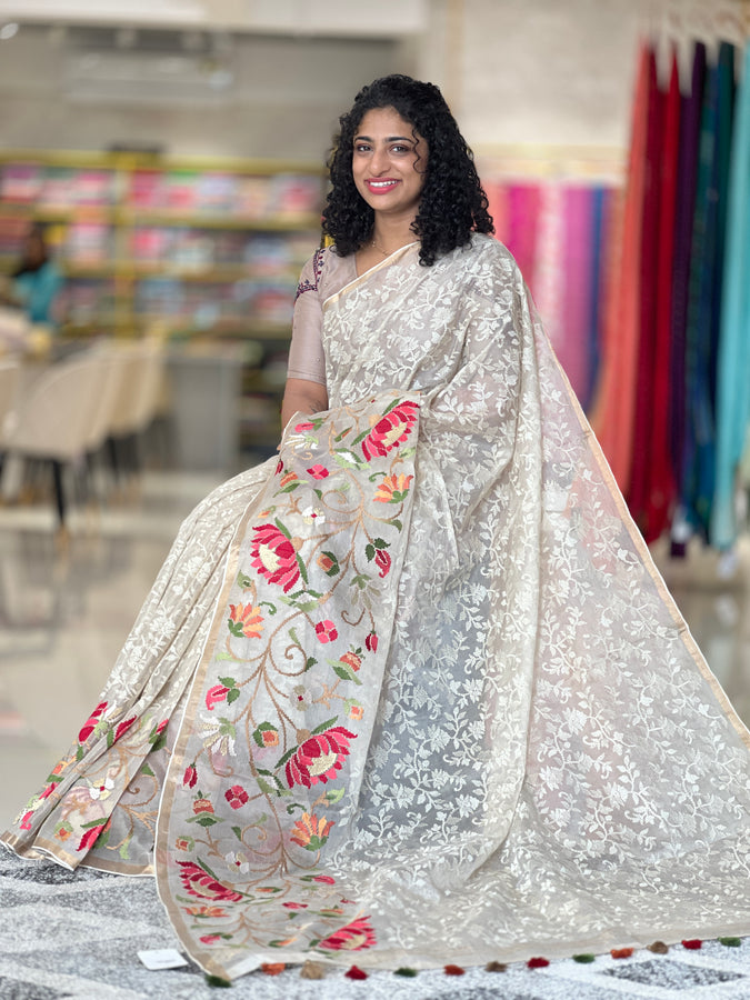 Jamdani Weaving Floral Embroidery Kora Organza Saree | RGD286