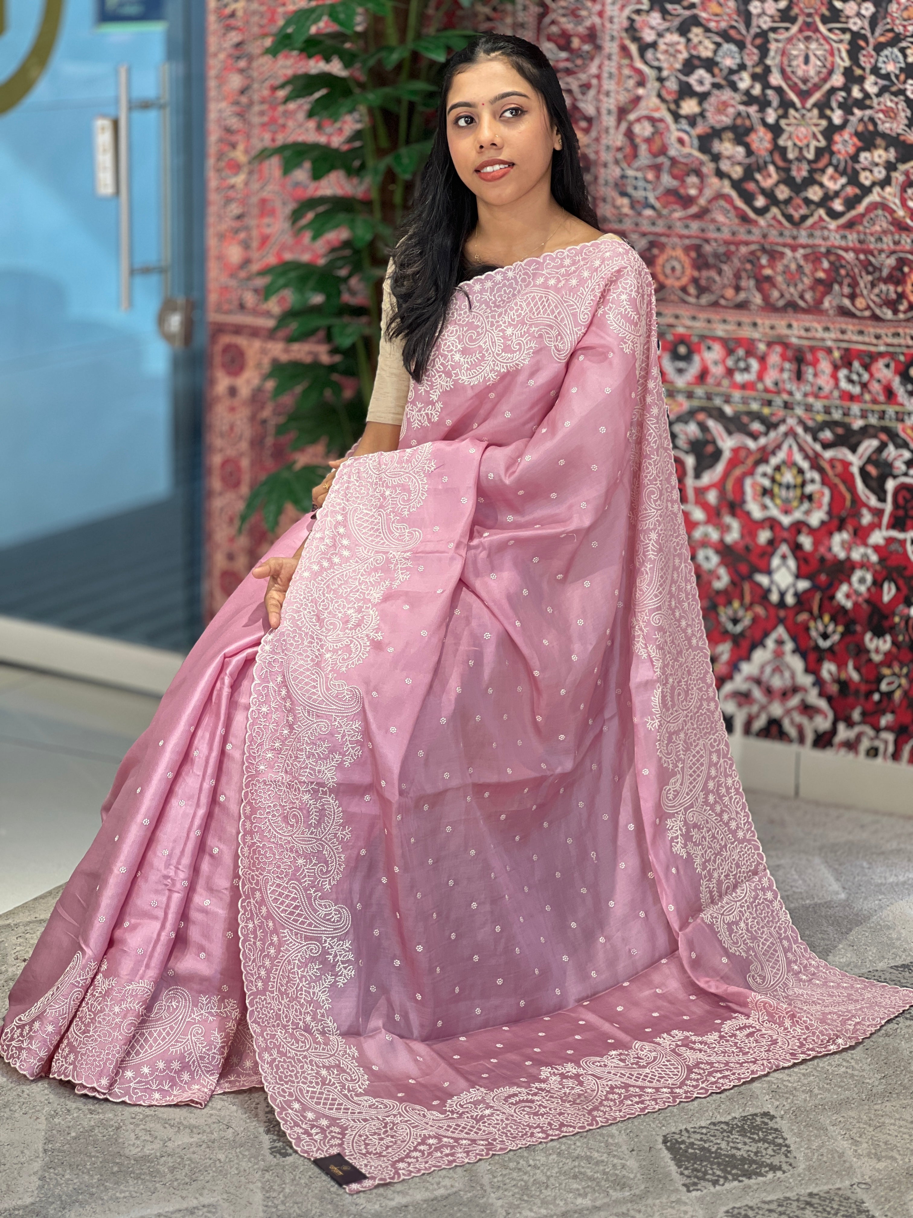 Point Embroidery Paisley Detailed Tussar Finish Saree | SUN329