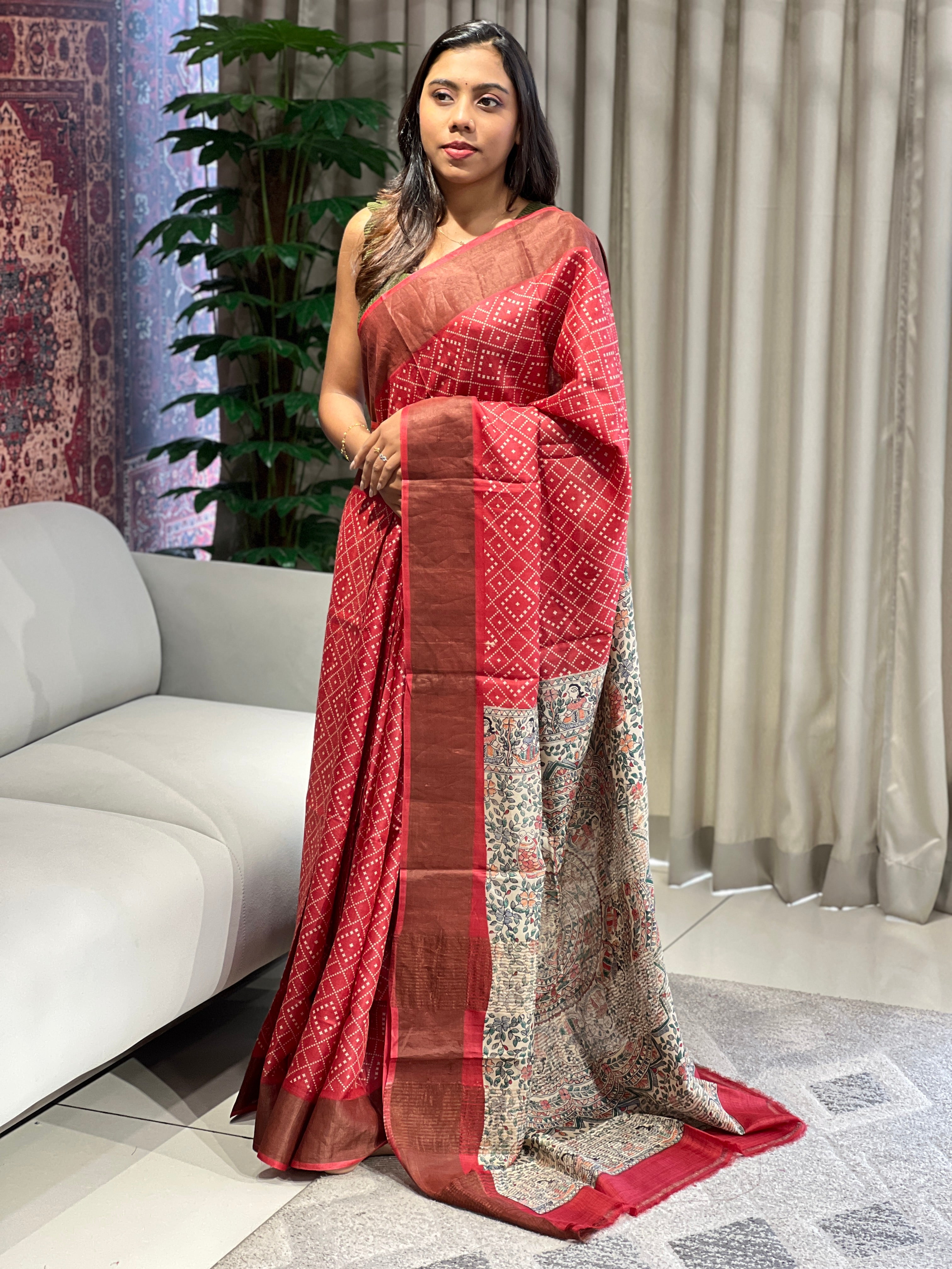 Discharge and Madhubani Printed Pure Tussar Saree | RGD774