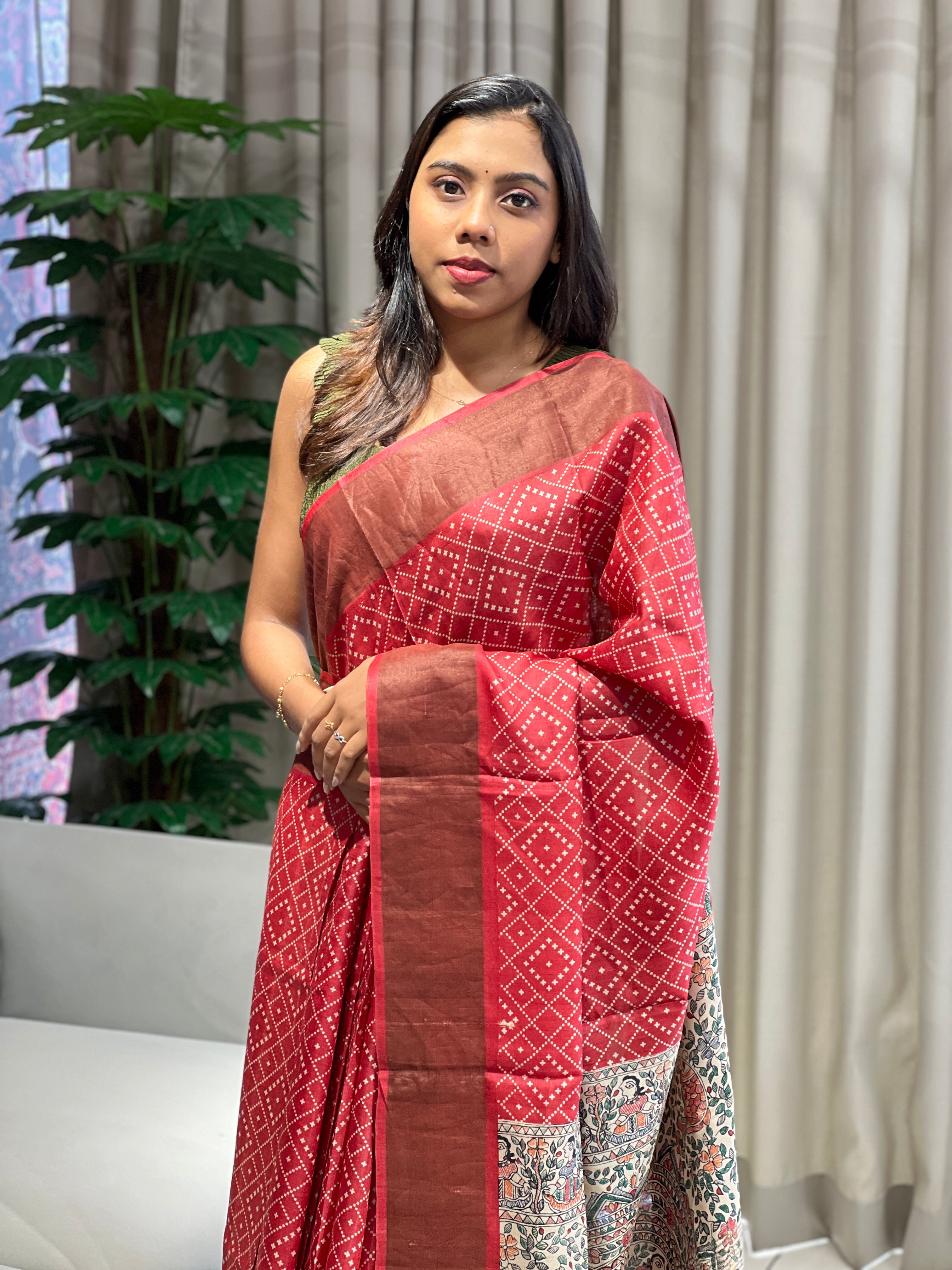 Discharge and Madhubani Printed Pure Tussar Saree | RGD774