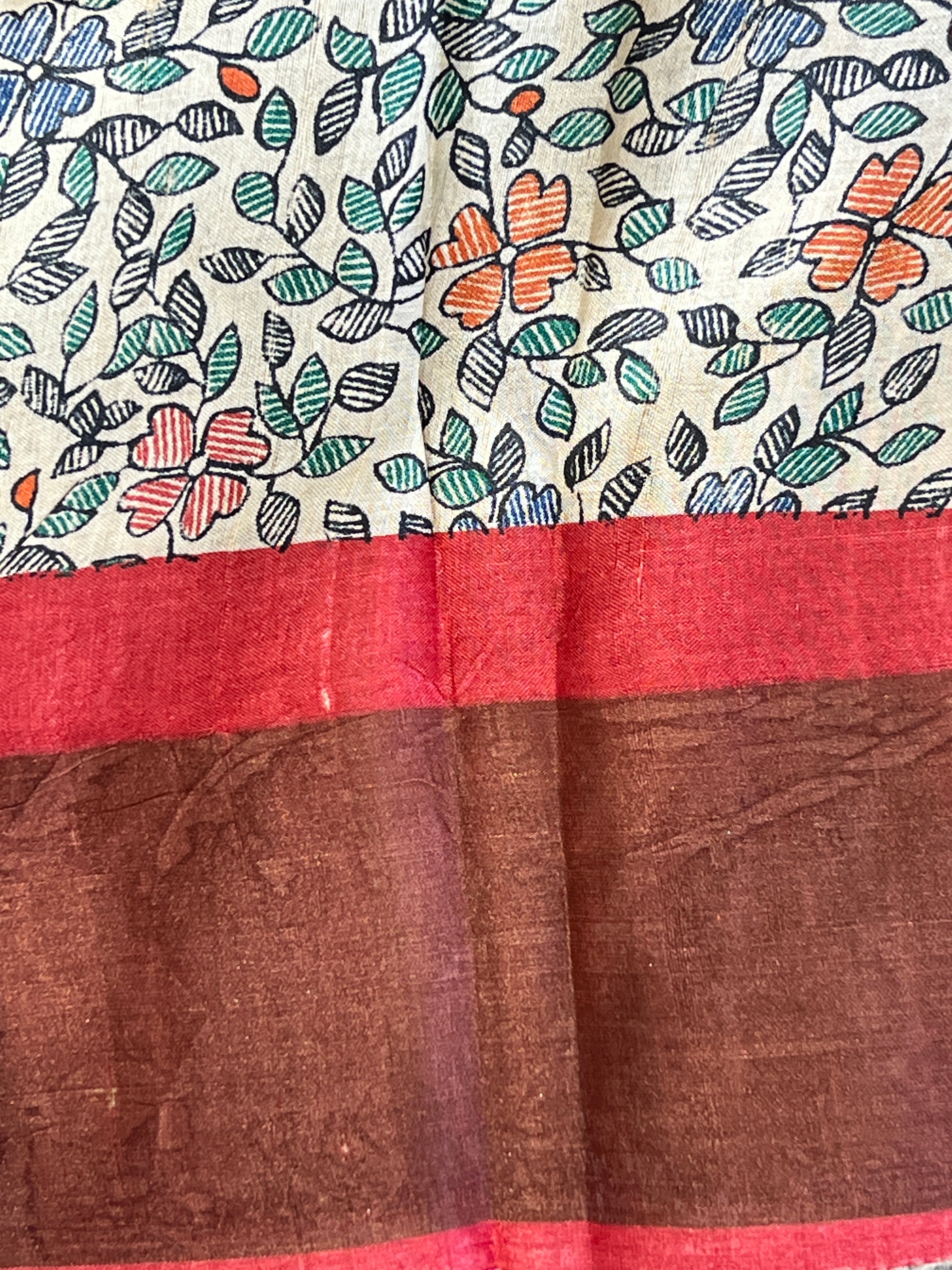 Discharge and Madhubani Printed Pure Tussar Saree | RGD774