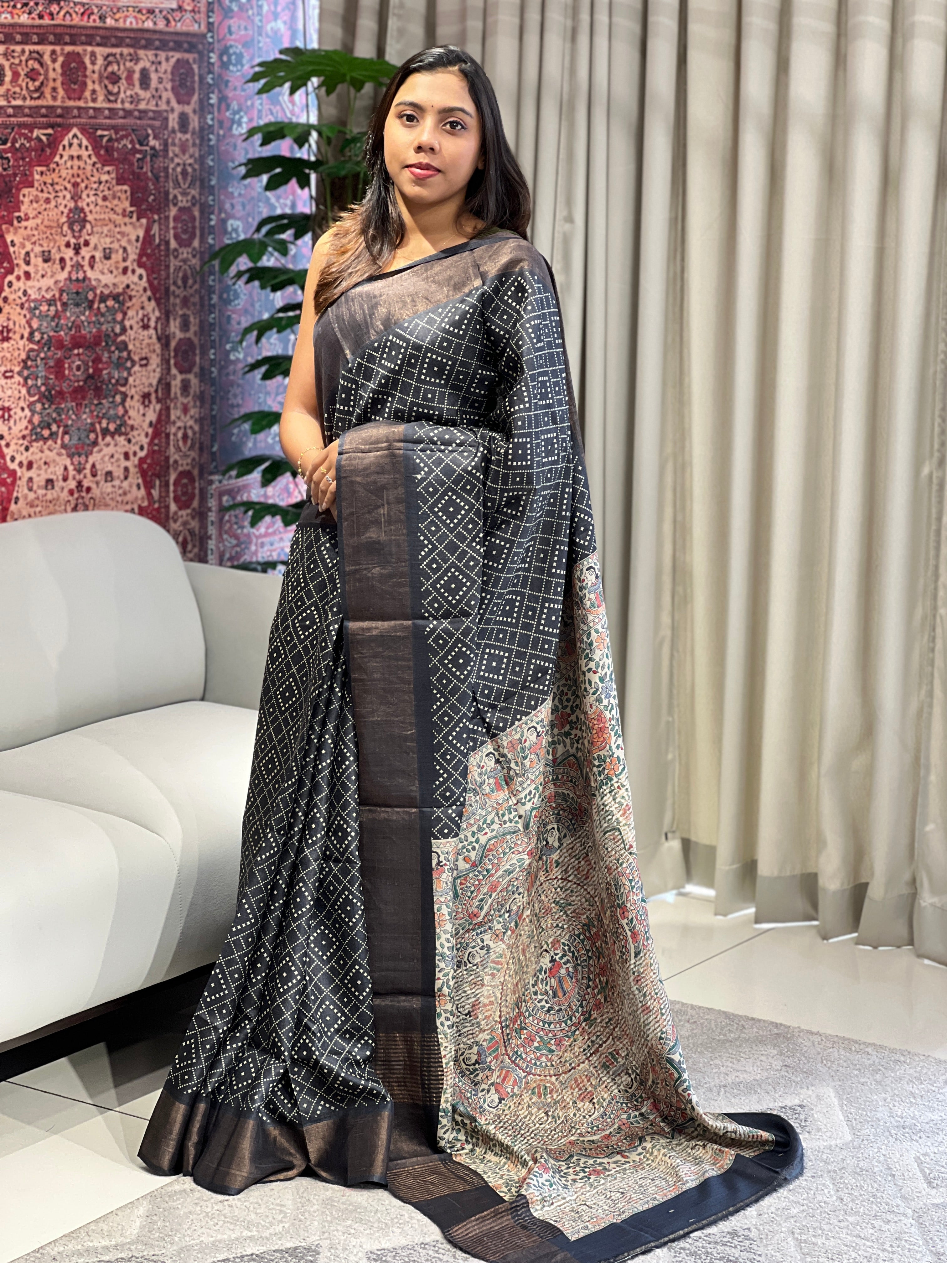 Discharge and Madhubani Printed Pure Tussar Saree | RGD776