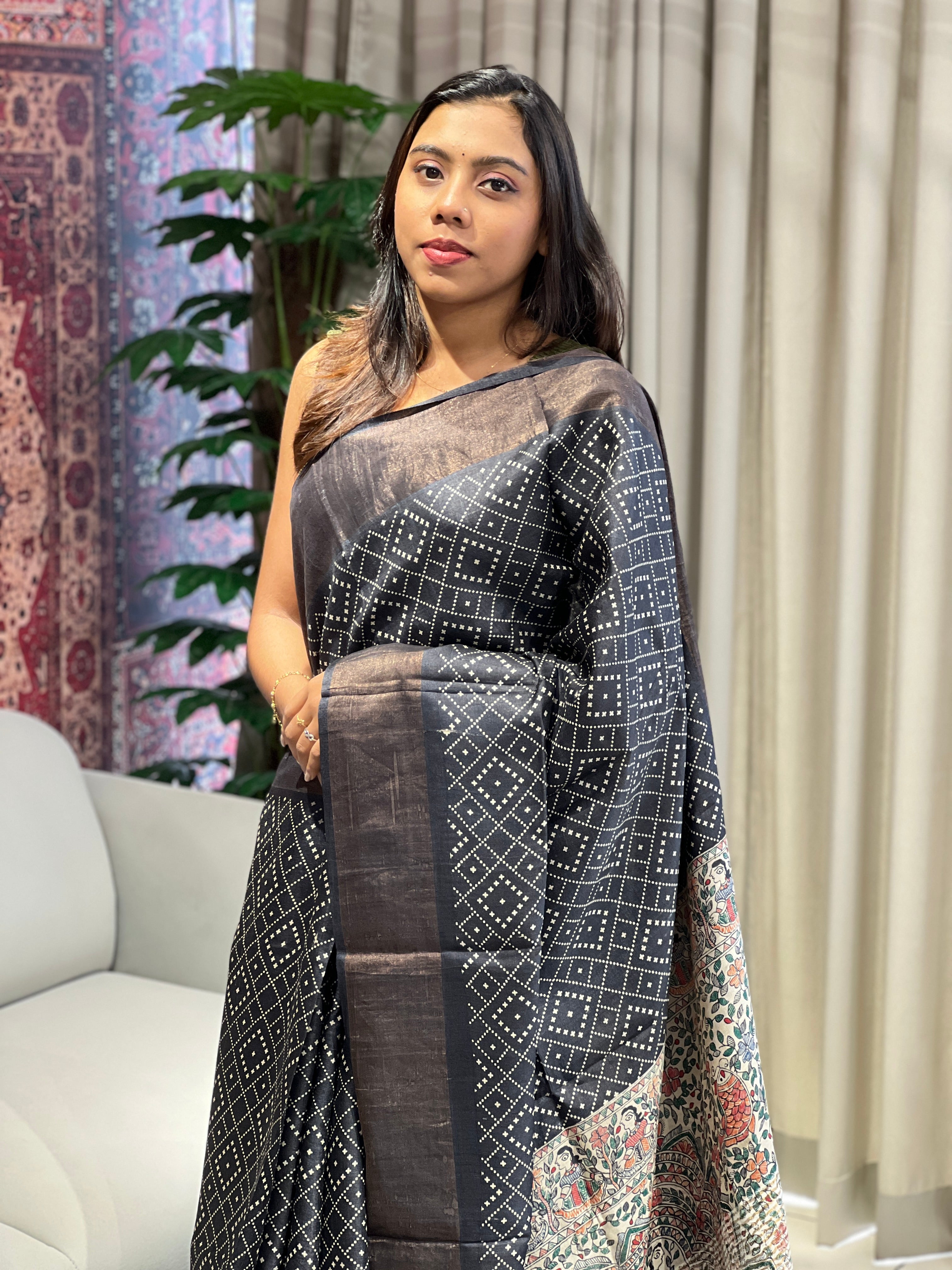 Discharge and Madhubani Printed Pure Tussar Saree | RGD776
