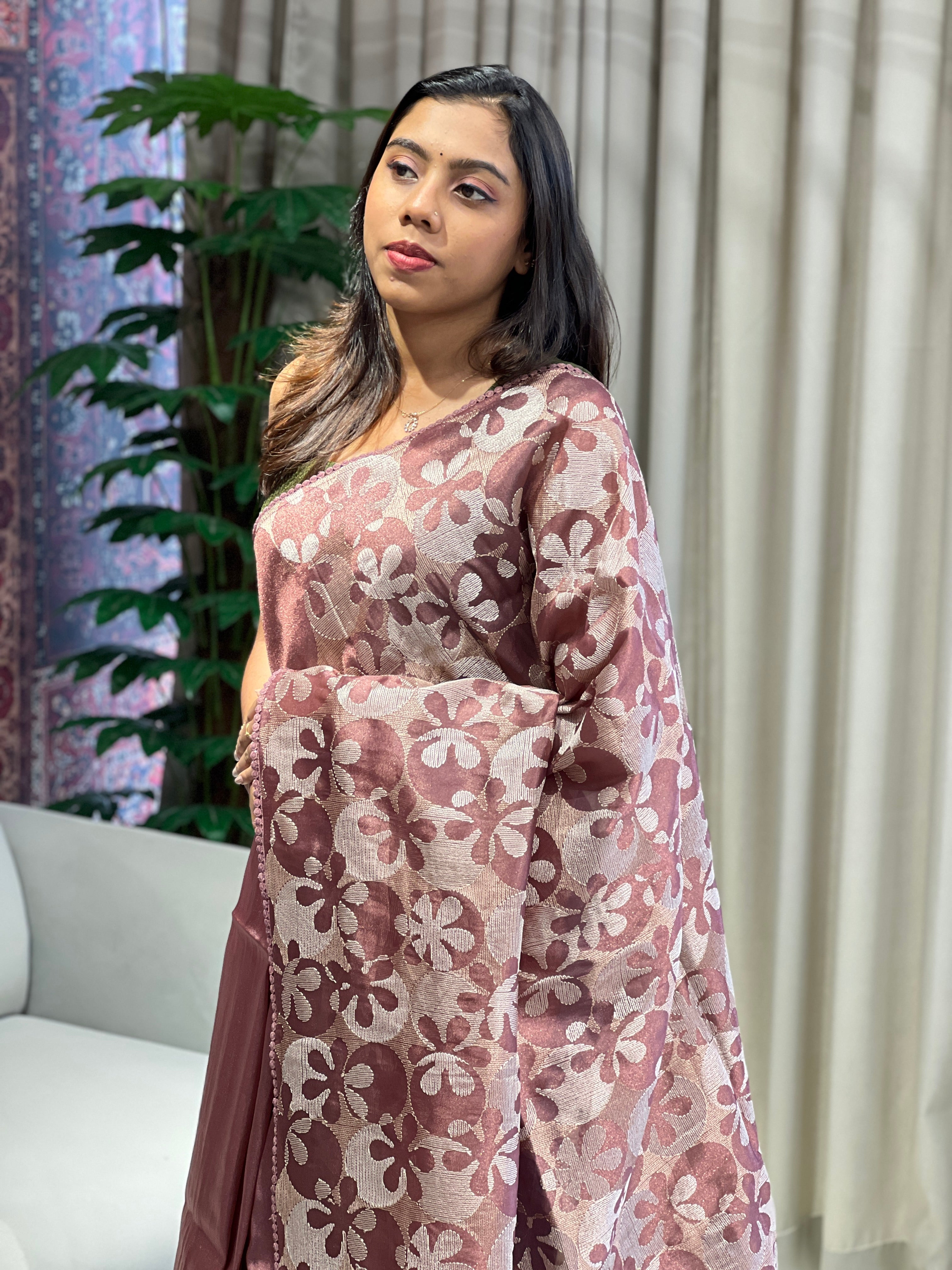 Floral Embroidery Detailed Shimmer Organza Saree | BLD1888