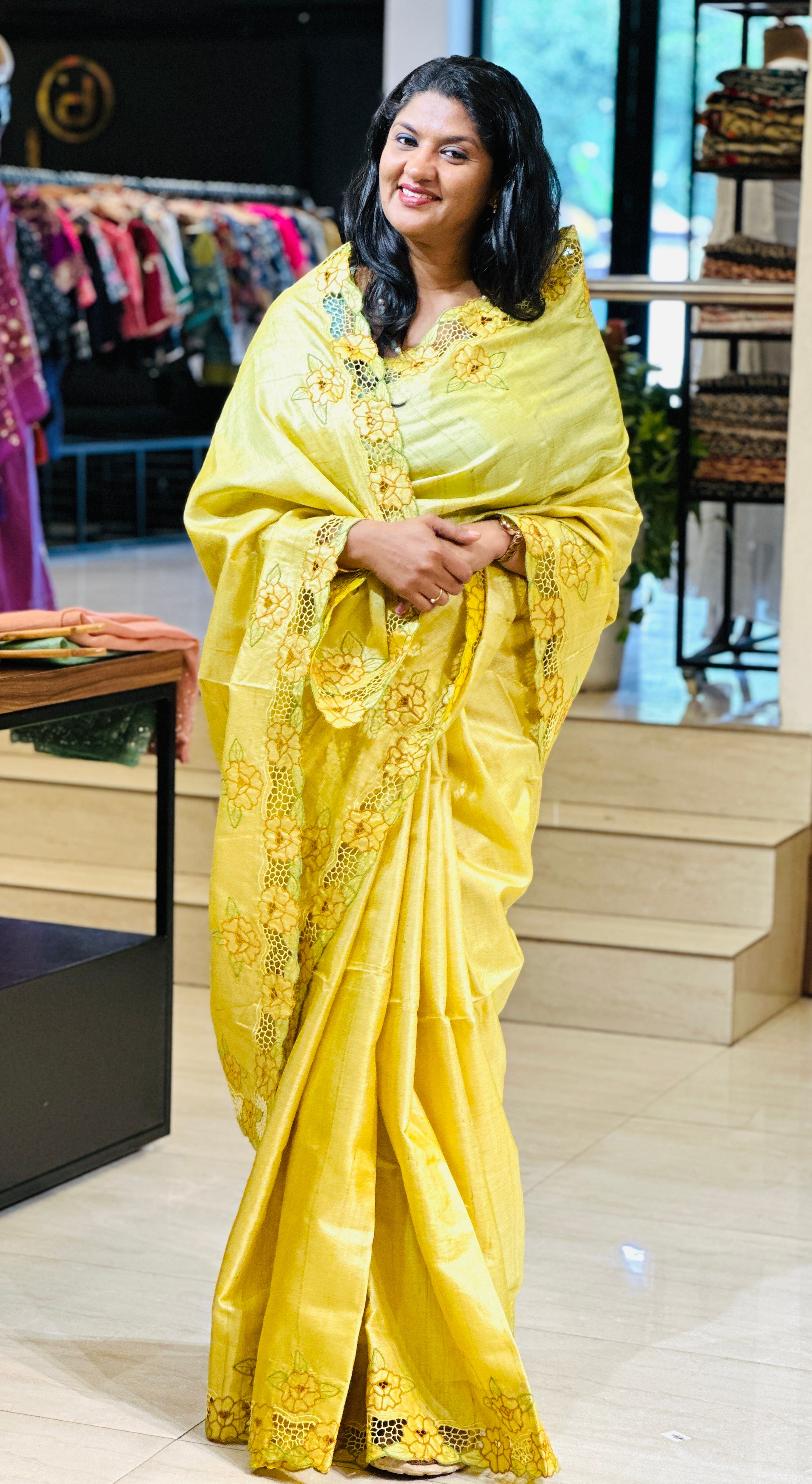 Twine Cut Work With Floral Embroidered Desi Tussar Saree | TC409