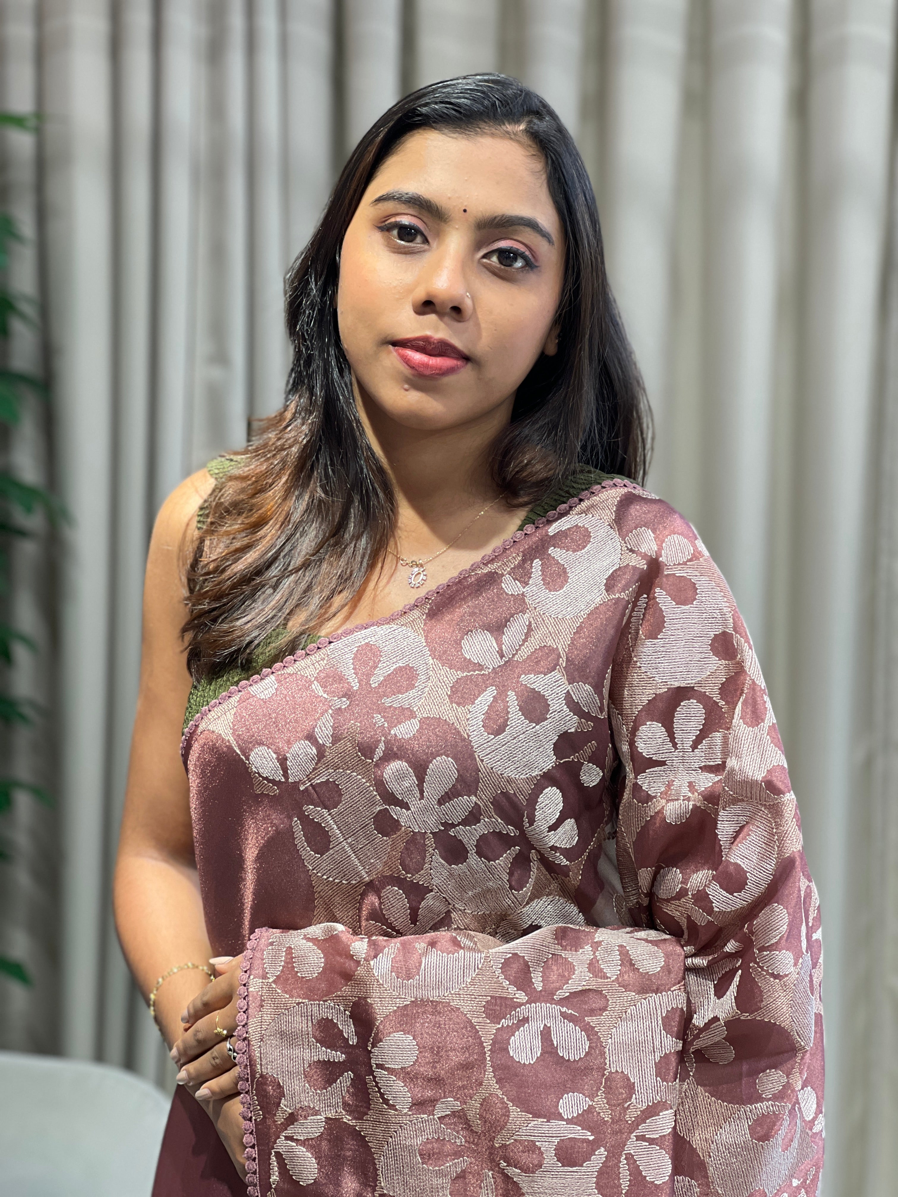 Floral Embroidery Detailed Shimmer Organza Saree | BLD1888