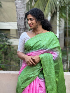 Kantha Weaving Style Tussur Finished Bhagalpuri Linen Saree | NHH203