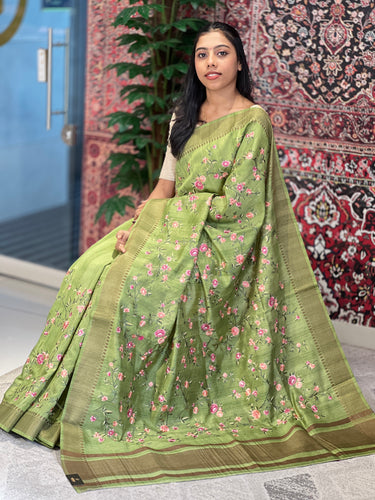 Floral Embroidery With Zari Border Detailed Semi Tussar Saree | SUN350