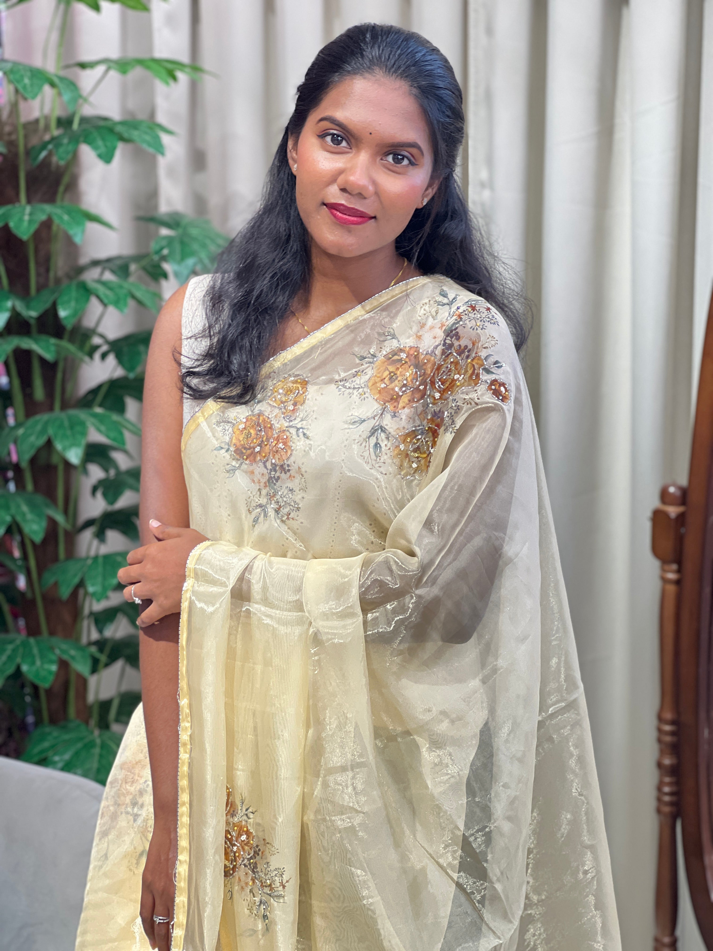 Floral Digital Printed Shimmer Organza Saree | HT434