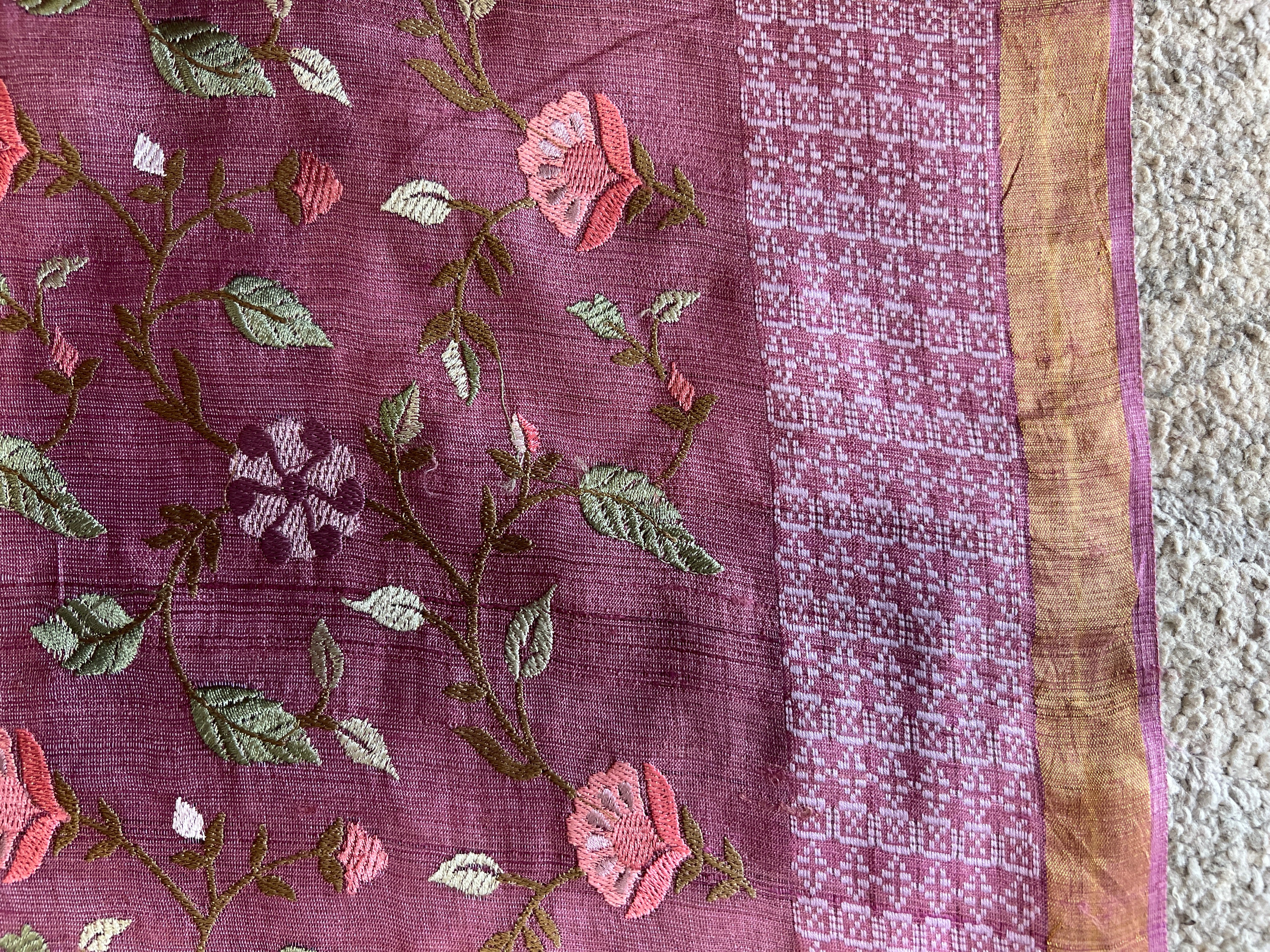Floral Embroidery Border Detailed Desi Tussar Saree | RGD610