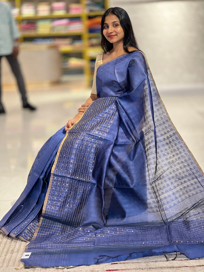 Basket Weaved With Zari Check Patterned Soft Tussar Saree | ACT1389