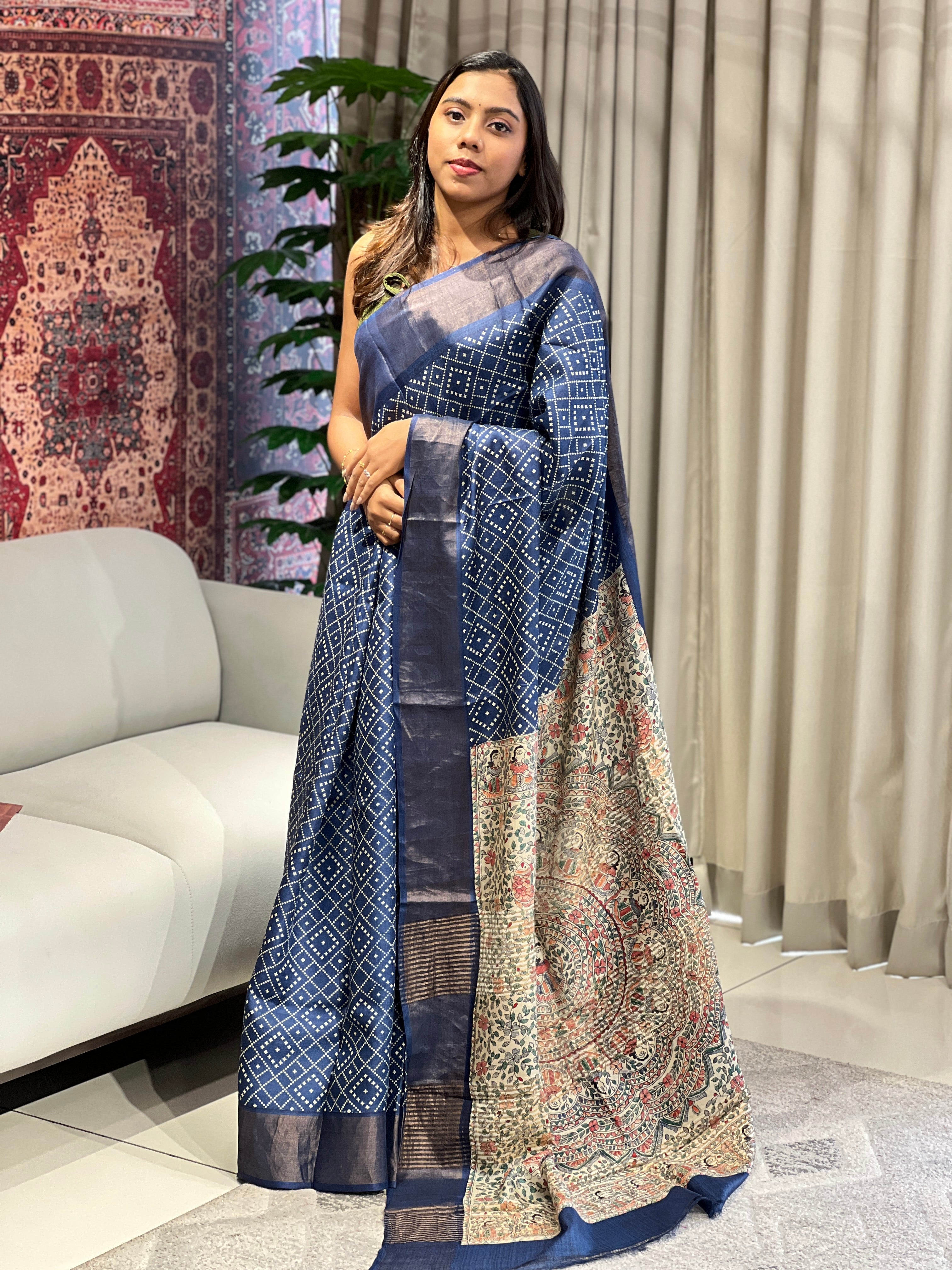 Discharge and Madhubani Printed Pure Tussar Saree | RGD775