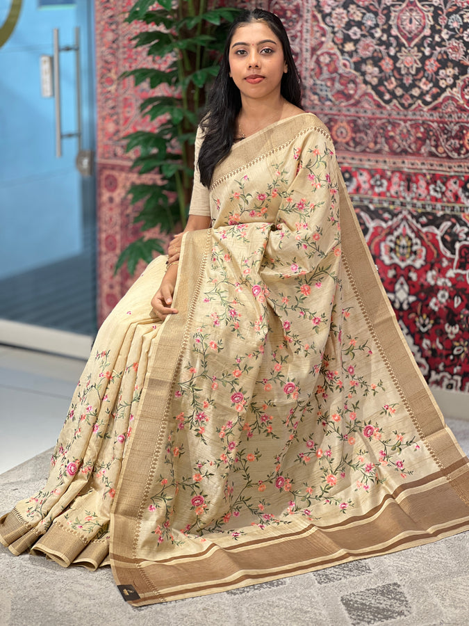 Floral Embroidery With Zari Border Detailed Semi Tussar Saree | SUN353
