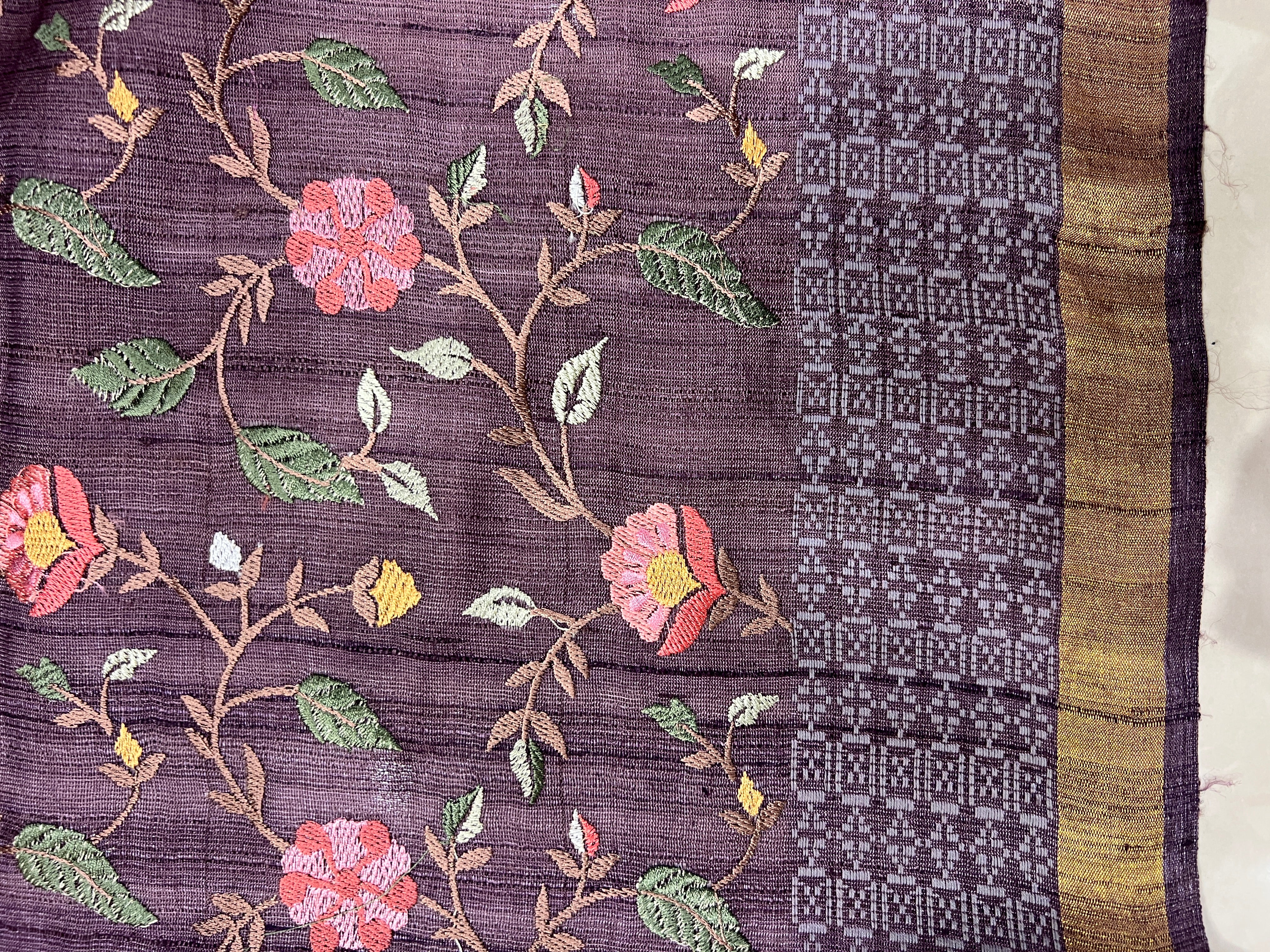 Floral Embroidery Border Detailed Desi Tussar Saree | RGD611