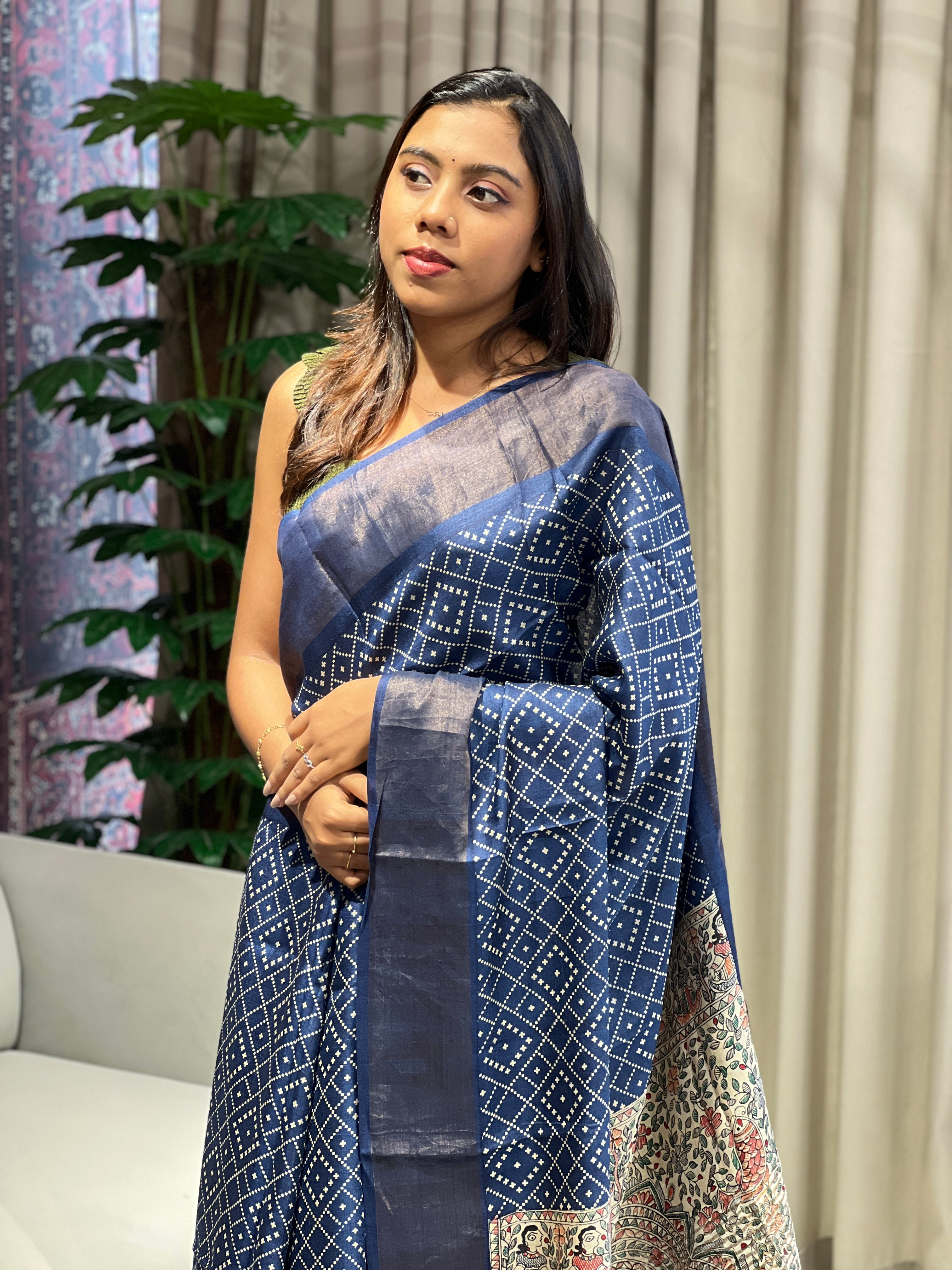 Discharge and Madhubani Printed Pure Tussar Saree | RGD775