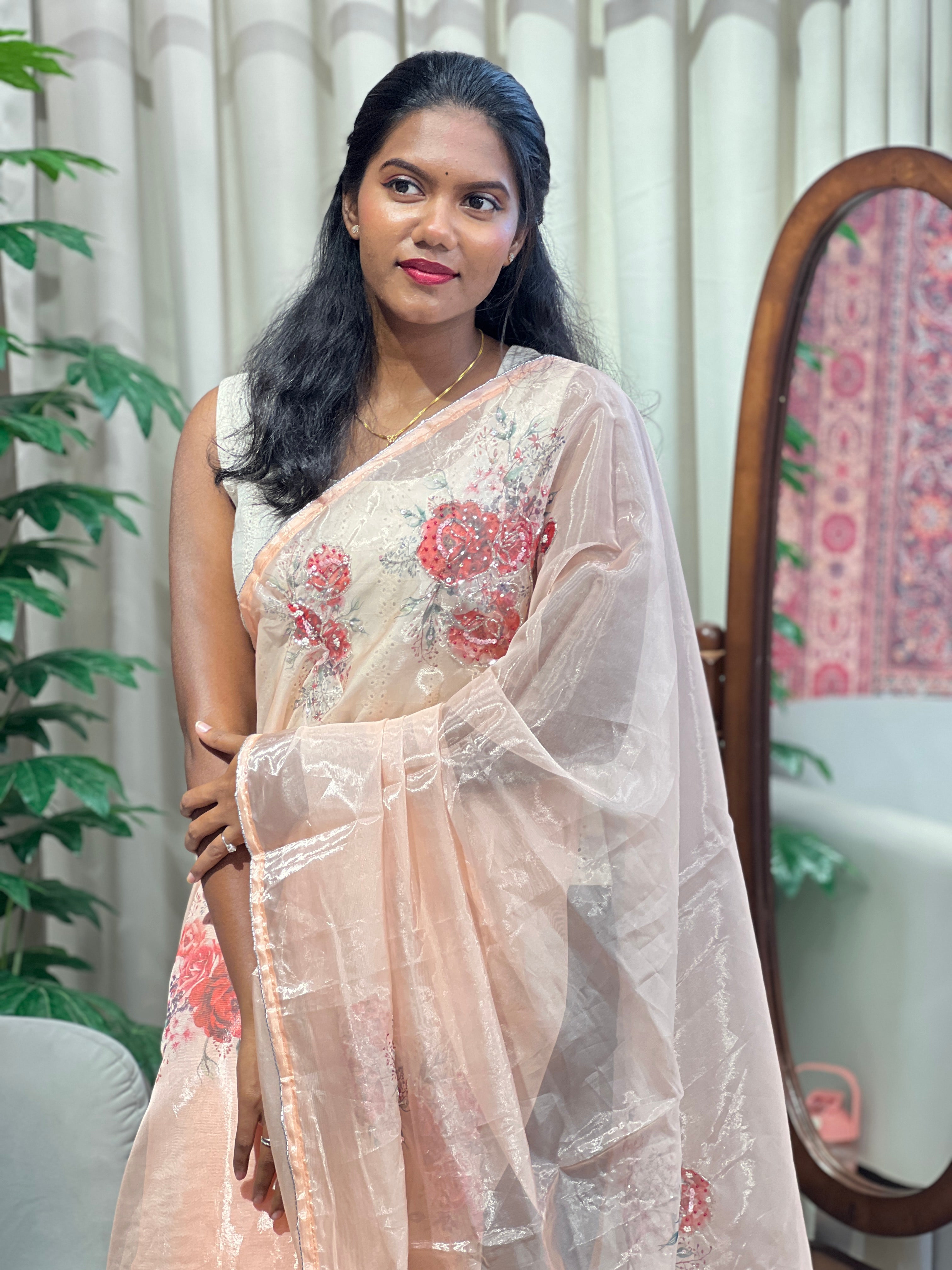 Floral Digital Printed Shimmer Organza Saree | HT432