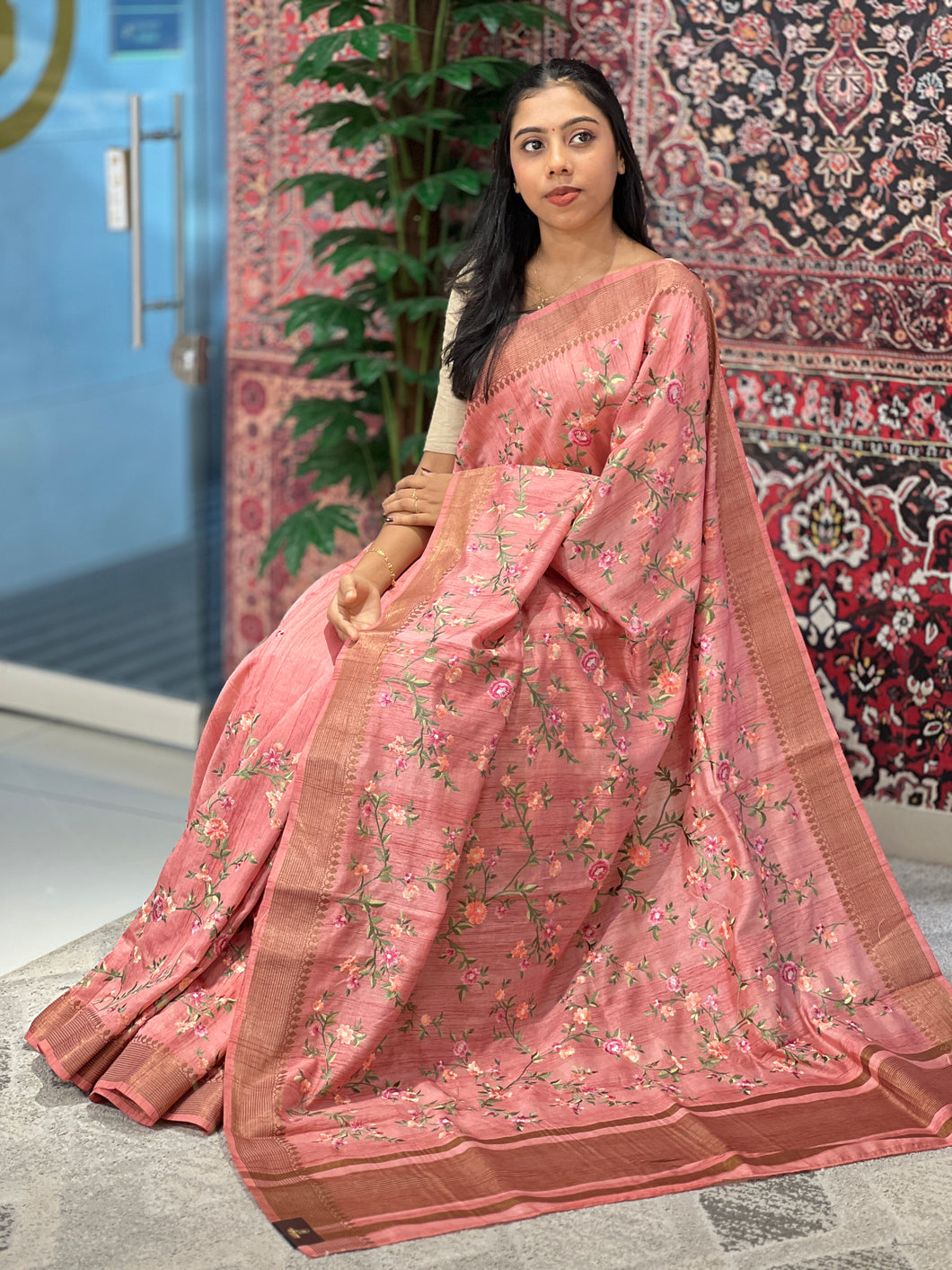 Floral Embroidery With Zari Border Detailed Semi Tussar Saree | SUN349