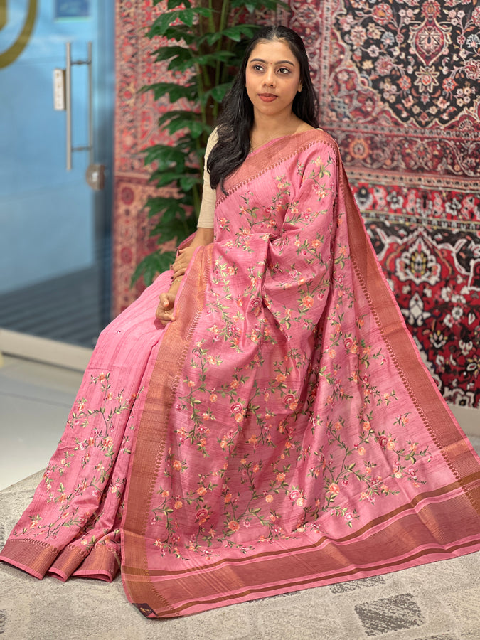 Floral Embroidery With Zari Border Detailed Semi Tussar Saree | SUN352