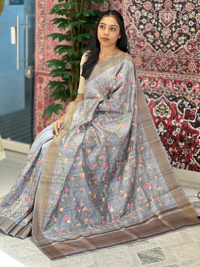 Floral Embroidery With Zari Border Detailed Semi Tussar Saree | SUN351