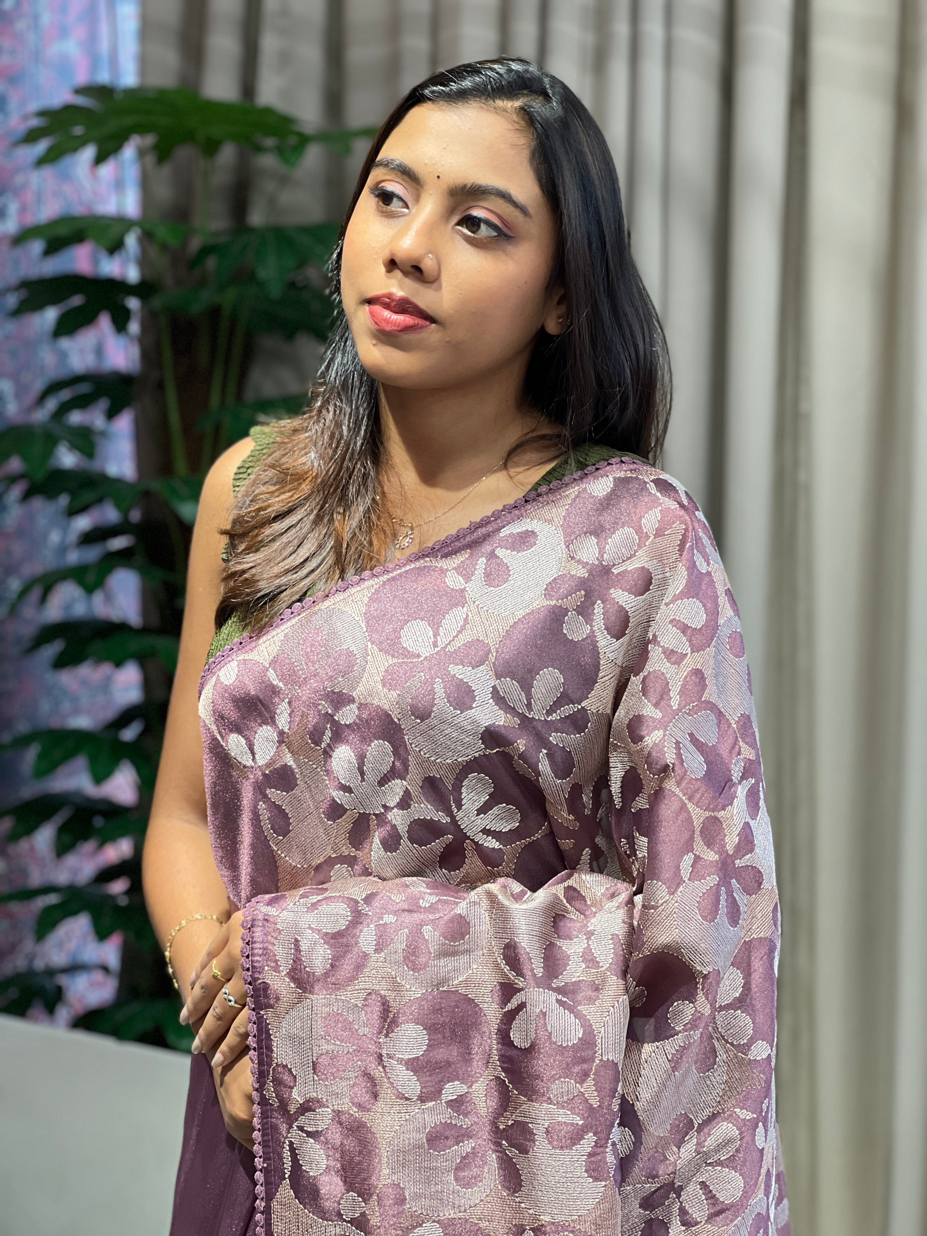 Floral Embroidery Detailed Shimmer Organza Saree | BLD1892