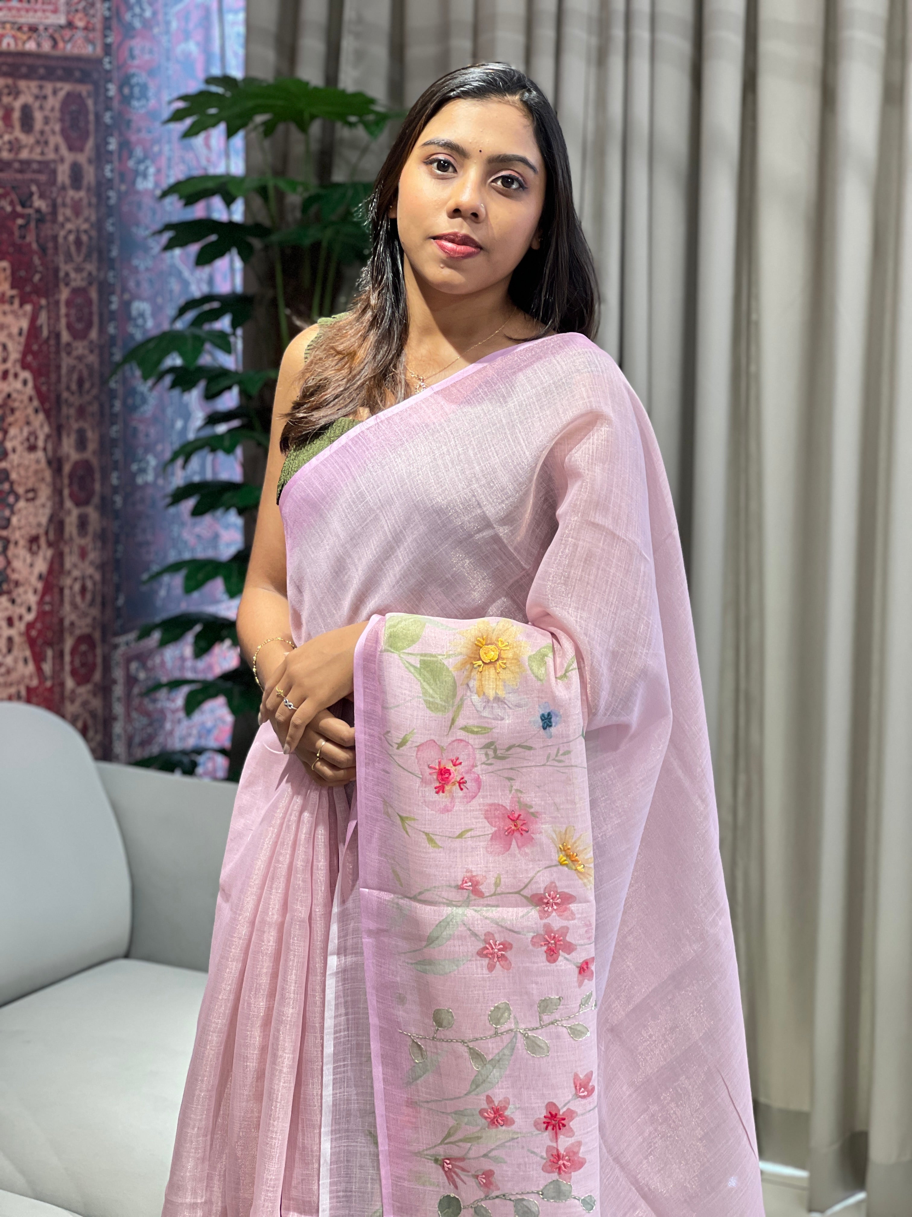 Floral Print With Hand Embroidery Detailed Tissue Linen Saree | BLD1878