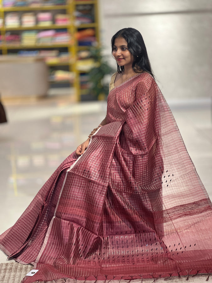 Basket Weaved With Zari Check Patterned Tussar Saree | ACT1394