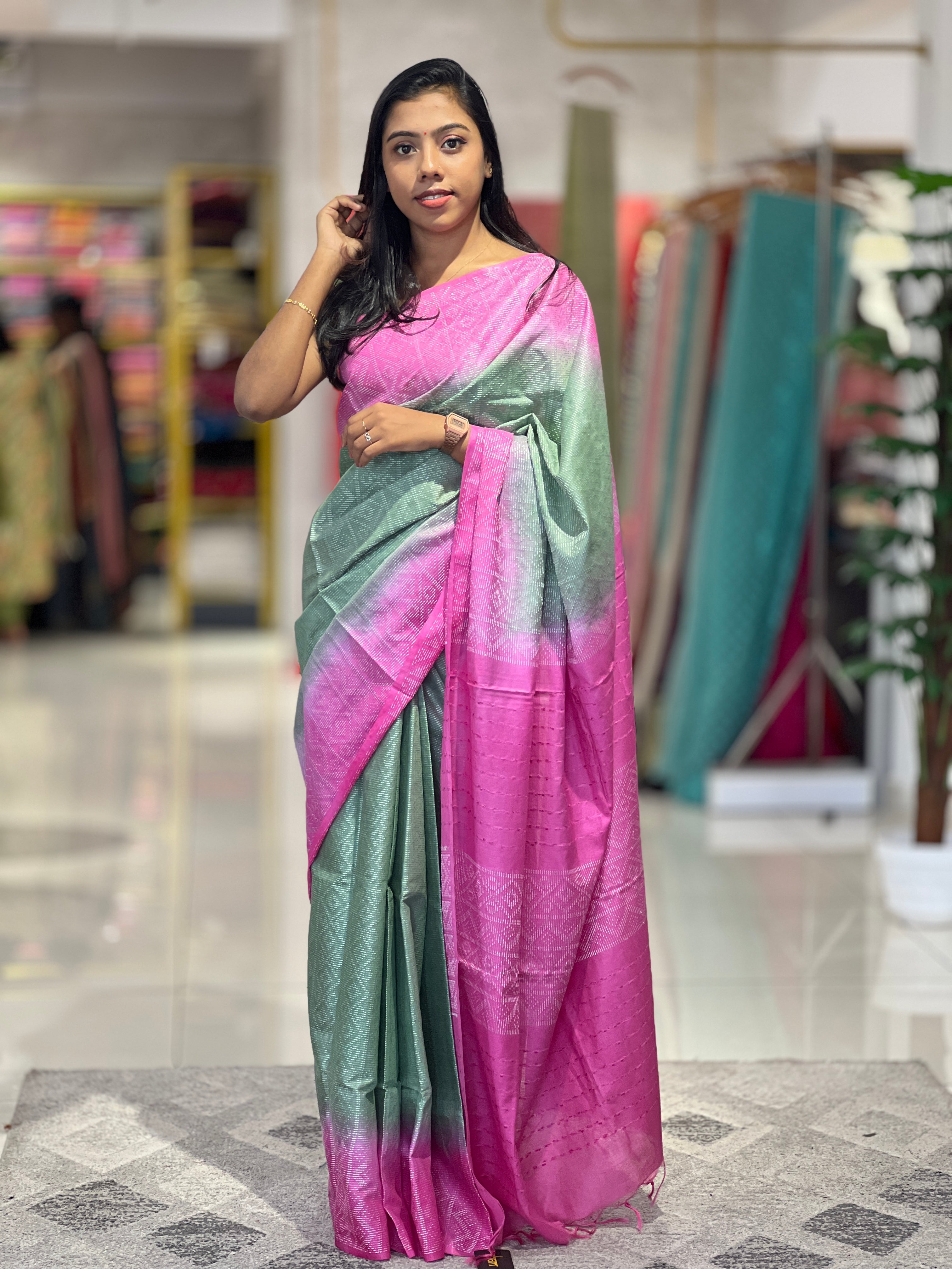 Thread Woven Geometric Patterned Bhagalpuri Linen Saree | NHH470