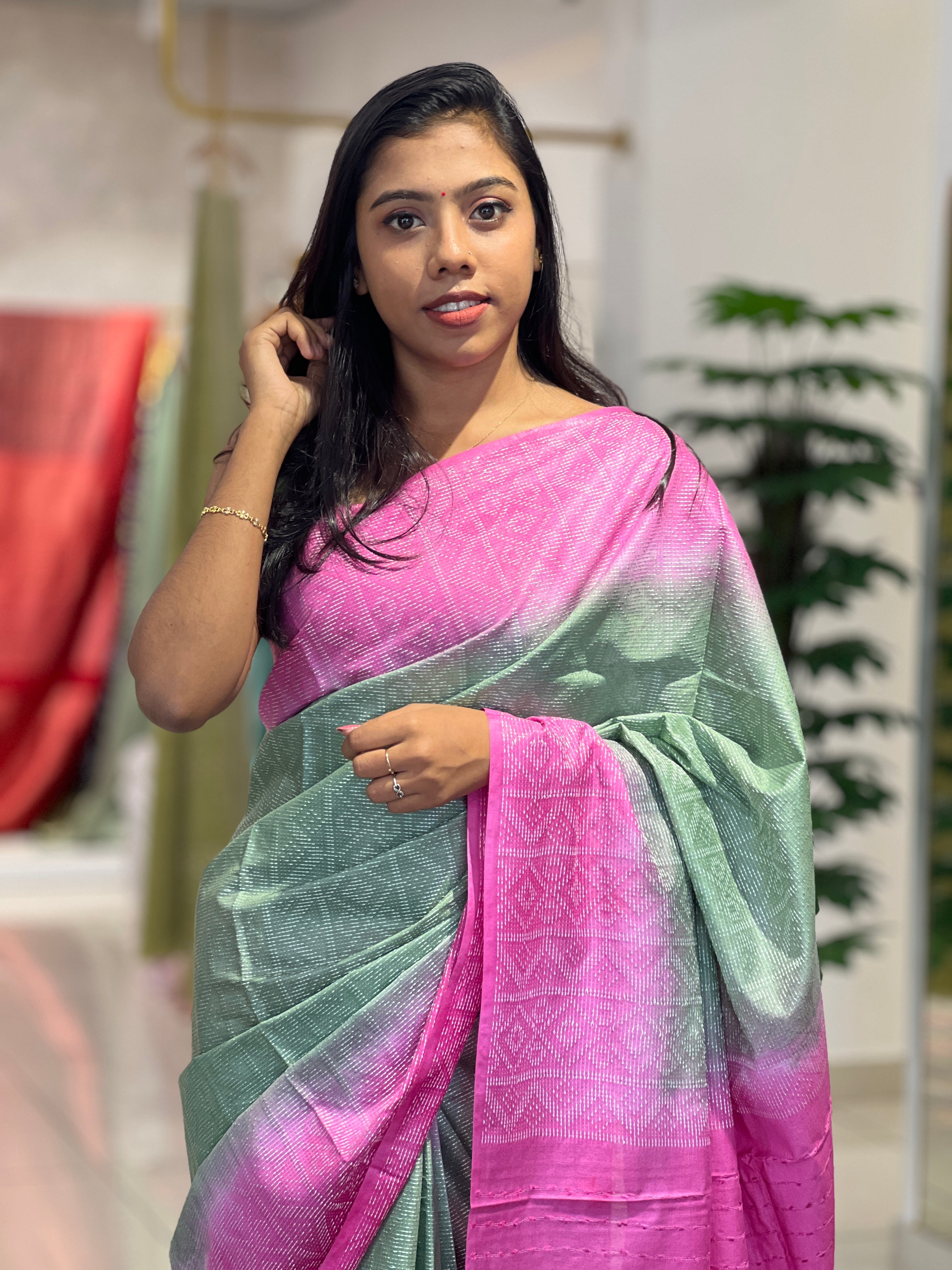 Thread Woven Geometric Patterned Bhagalpuri Linen Saree | NHH470